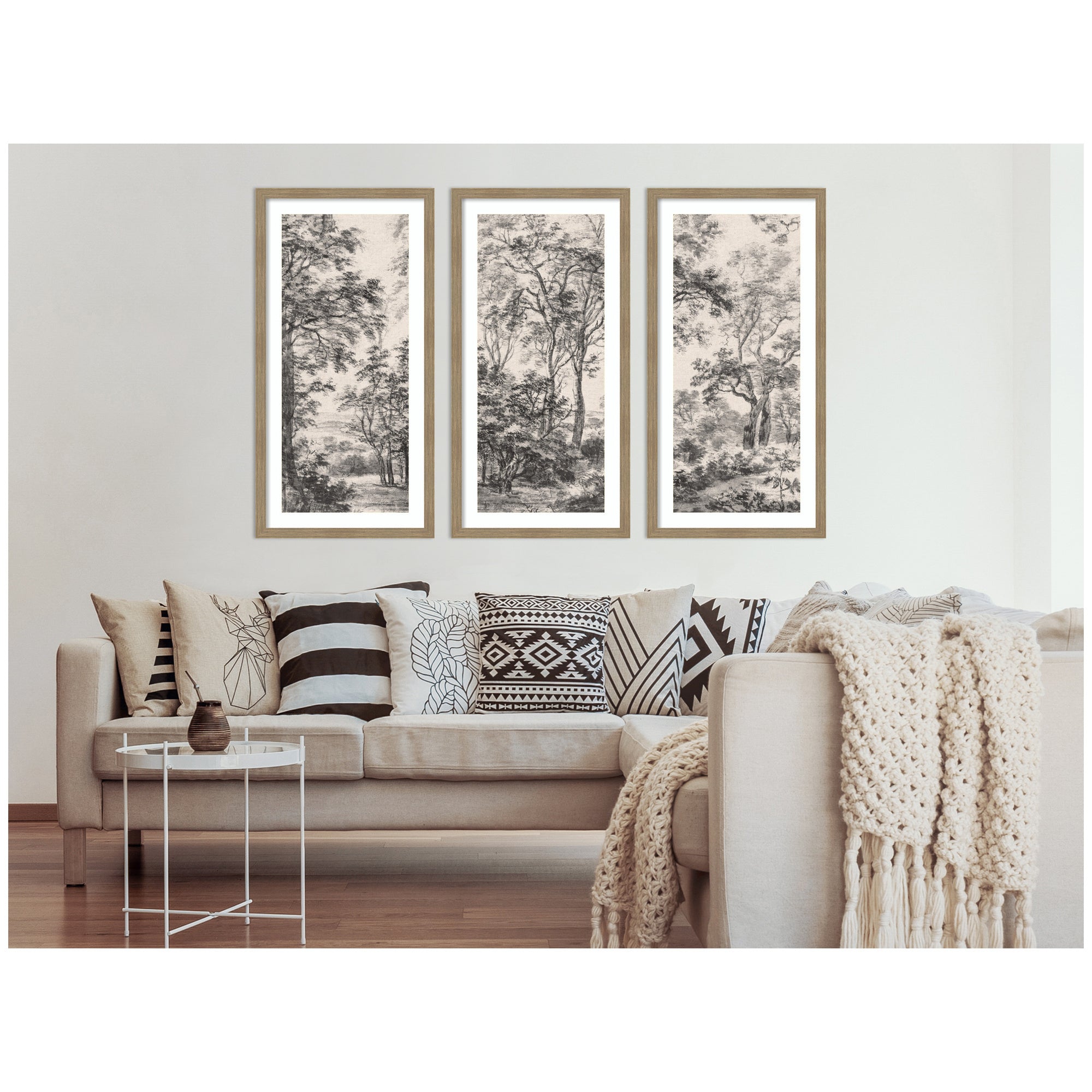 Wooded Landscape after 1648 Antonie Waterloo Linen Panel 3 Piece Framed Wall Art Print Set by Nostalgia Prints