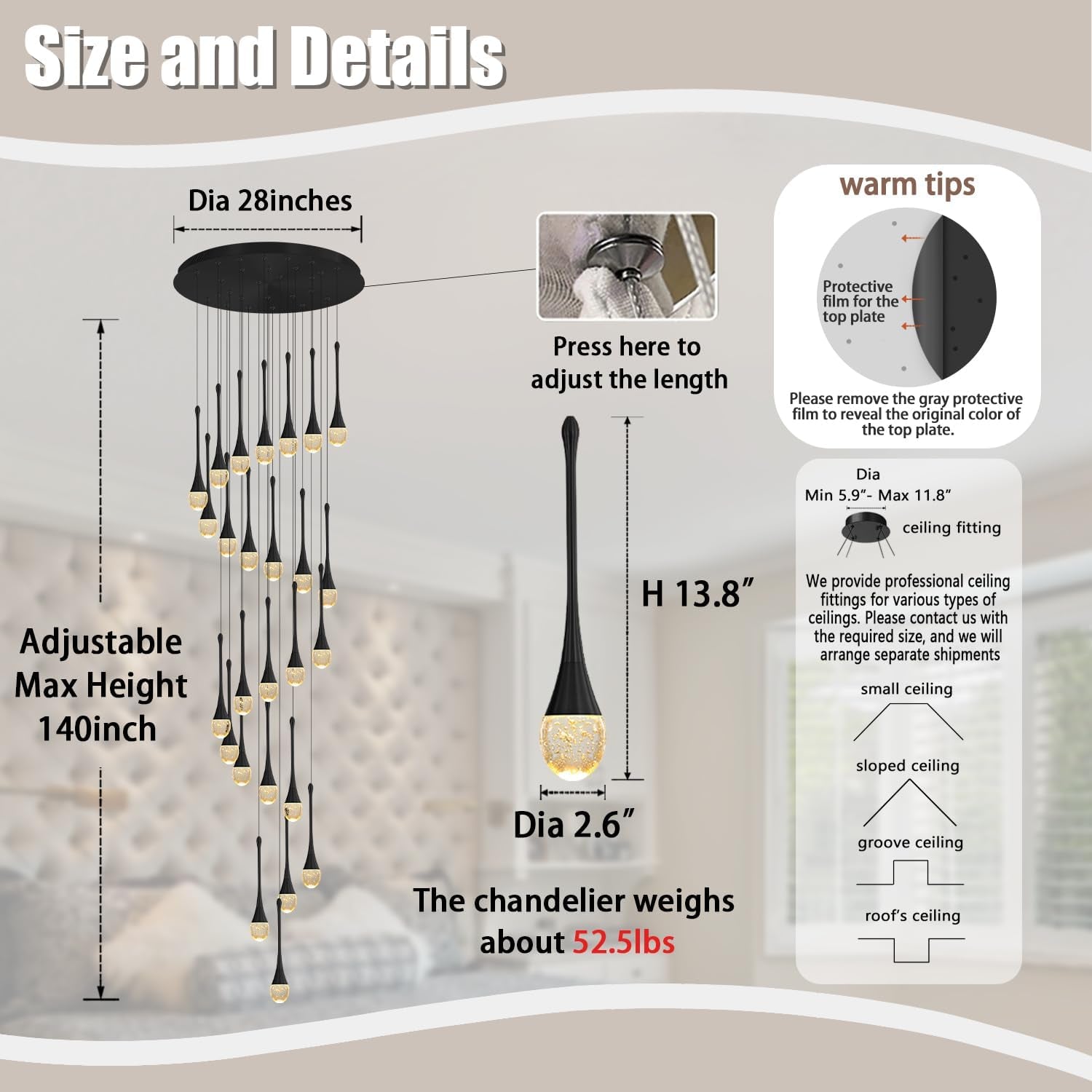 Black 26 Light Crystal Chandelier Adjustable Height-2