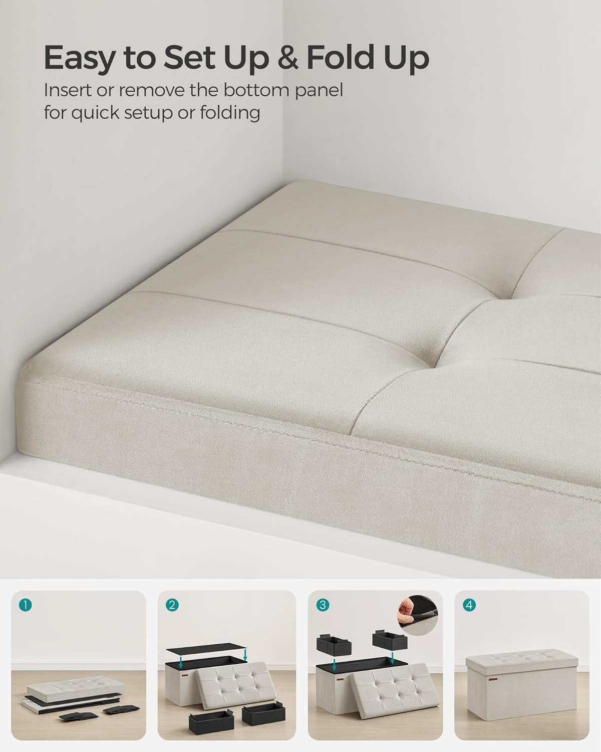 Cream White Foldable Storage Ottoman Bench 15x30x15