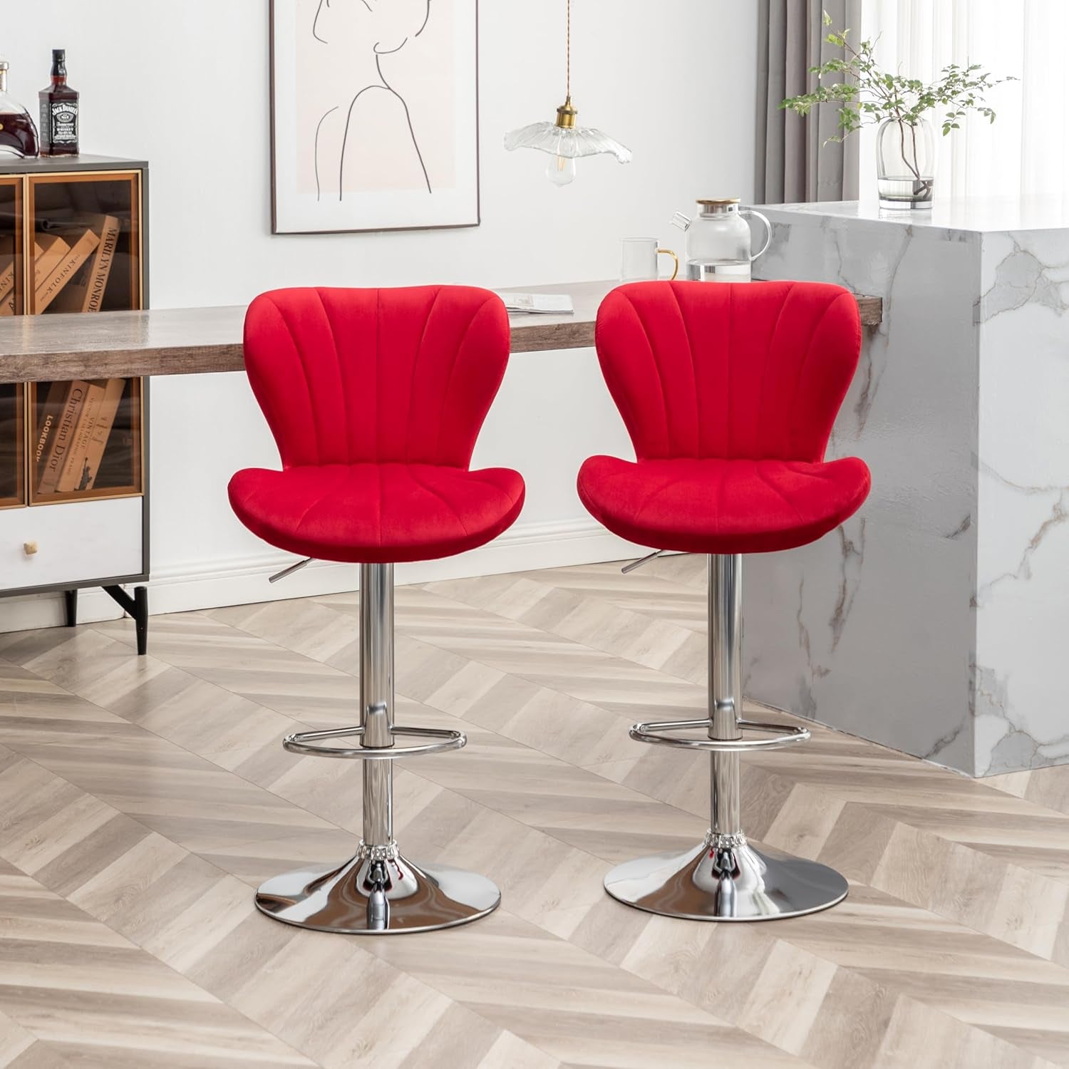 Velvet Adjustable Swivel Bar Stool Set Of 2 In Red
