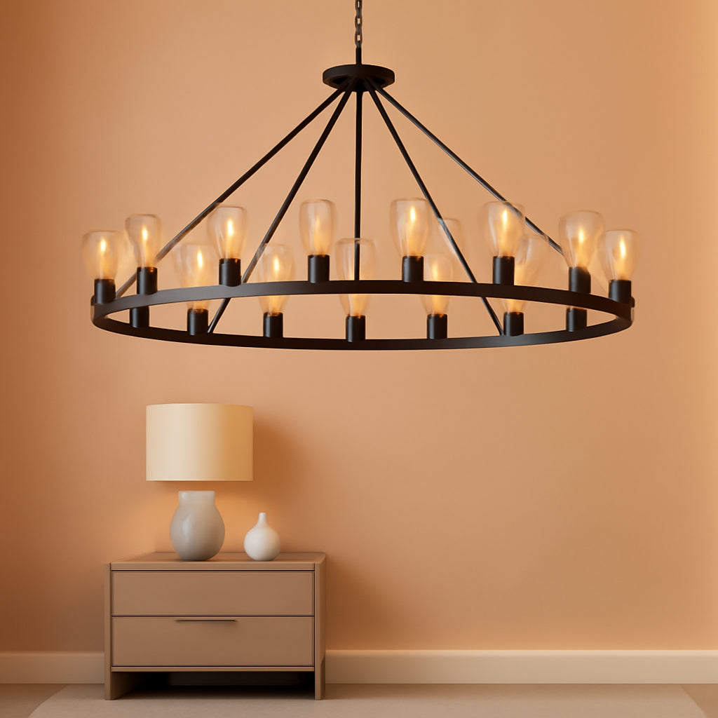 Matte Black Wagon Wheel Chandelier 48 Inch Lighting-0