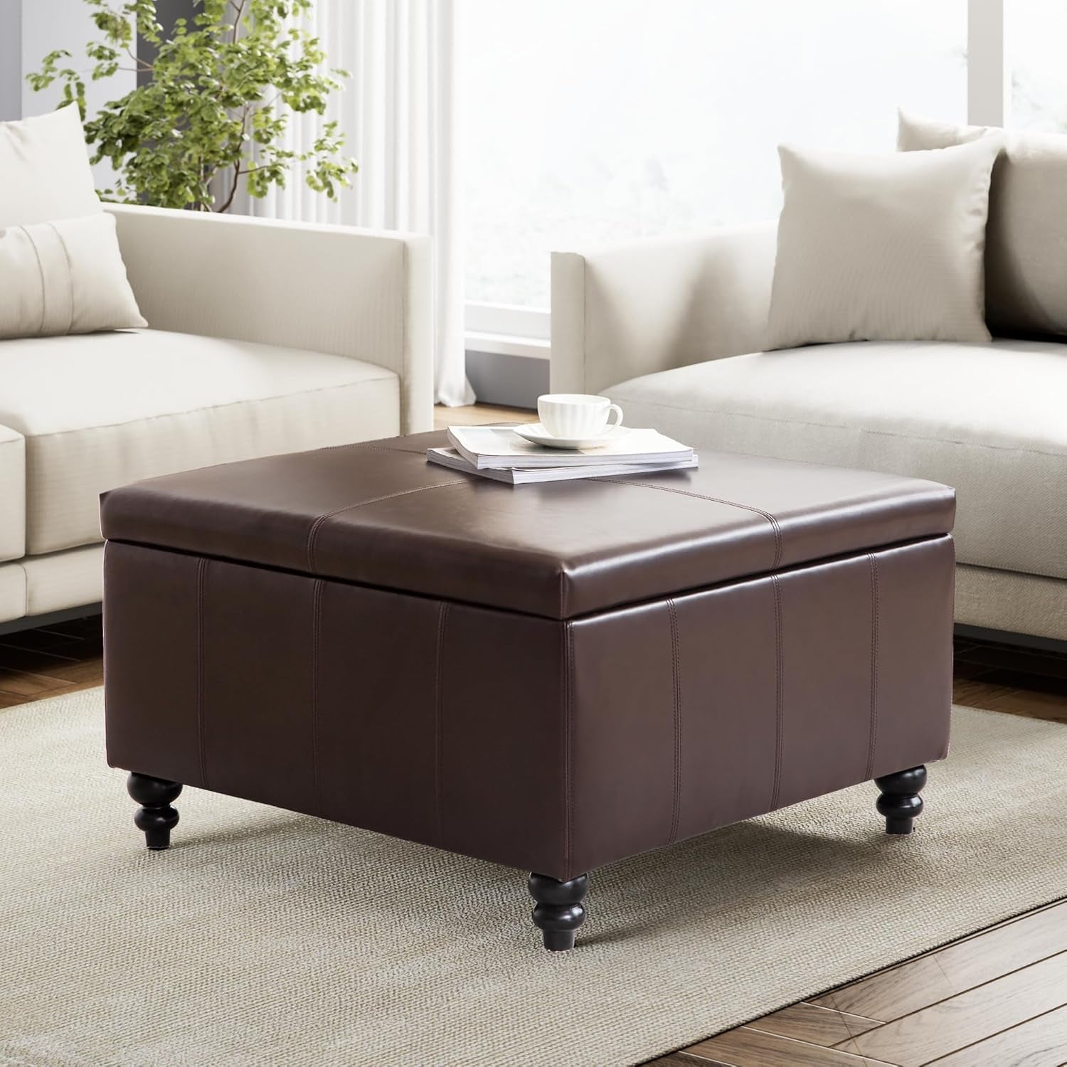 Square Leather Storage Ottoman 30-Inch Brown Durable
