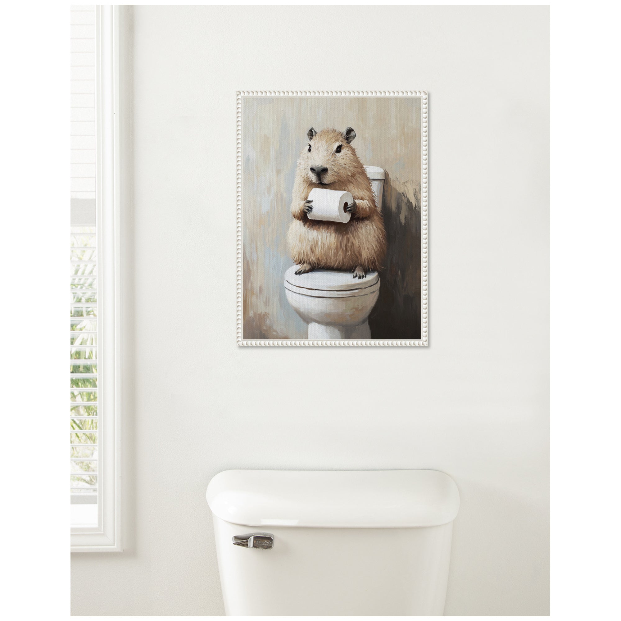 Sylvie Capybara Angled Holding Toilet Paper Roll Toilet Bathroom Art Framed Canvas by The Creative Bunch Studio