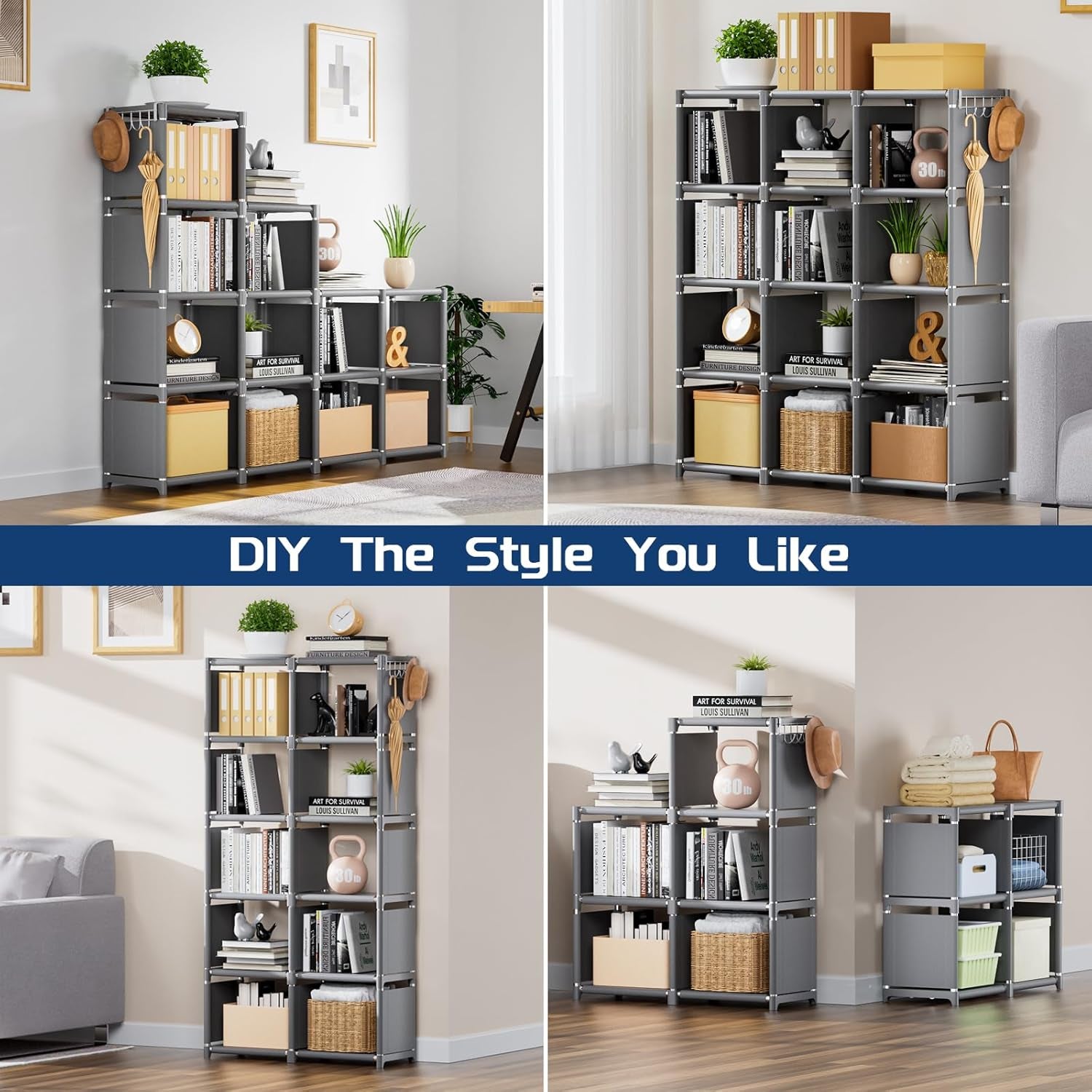 12 Cube Grey Metal Bookcase Storage Organizer Home Office