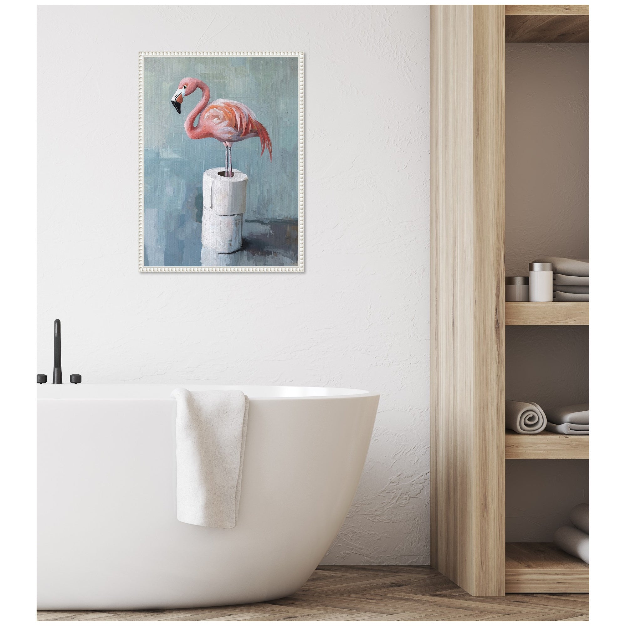 Sylvie Flamingo Standing with Toilet Paper Rolls Bathroom Art Framed Canvas by The Creative Bunch Studio