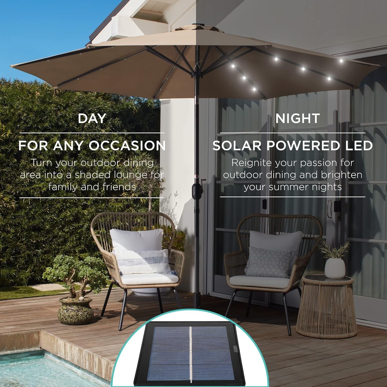 10 Ft Solar LED Patio Umbrella With Tilt Adjustment And UV Resistant Fabric All Weather Use