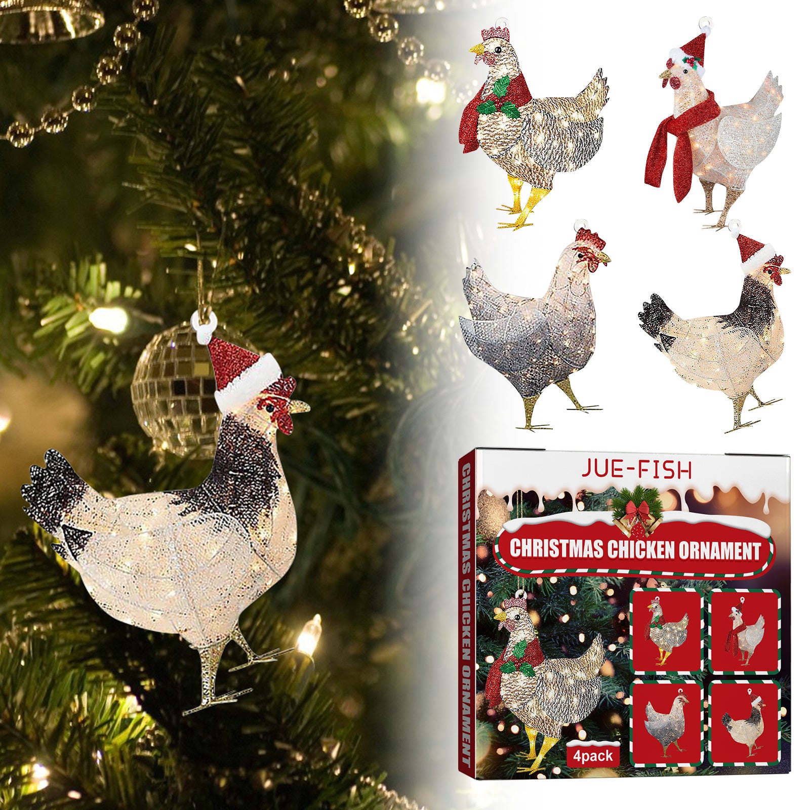 4 Pack Hanging Rooster Decorations, Hanging Chicken Christmas Ornaments