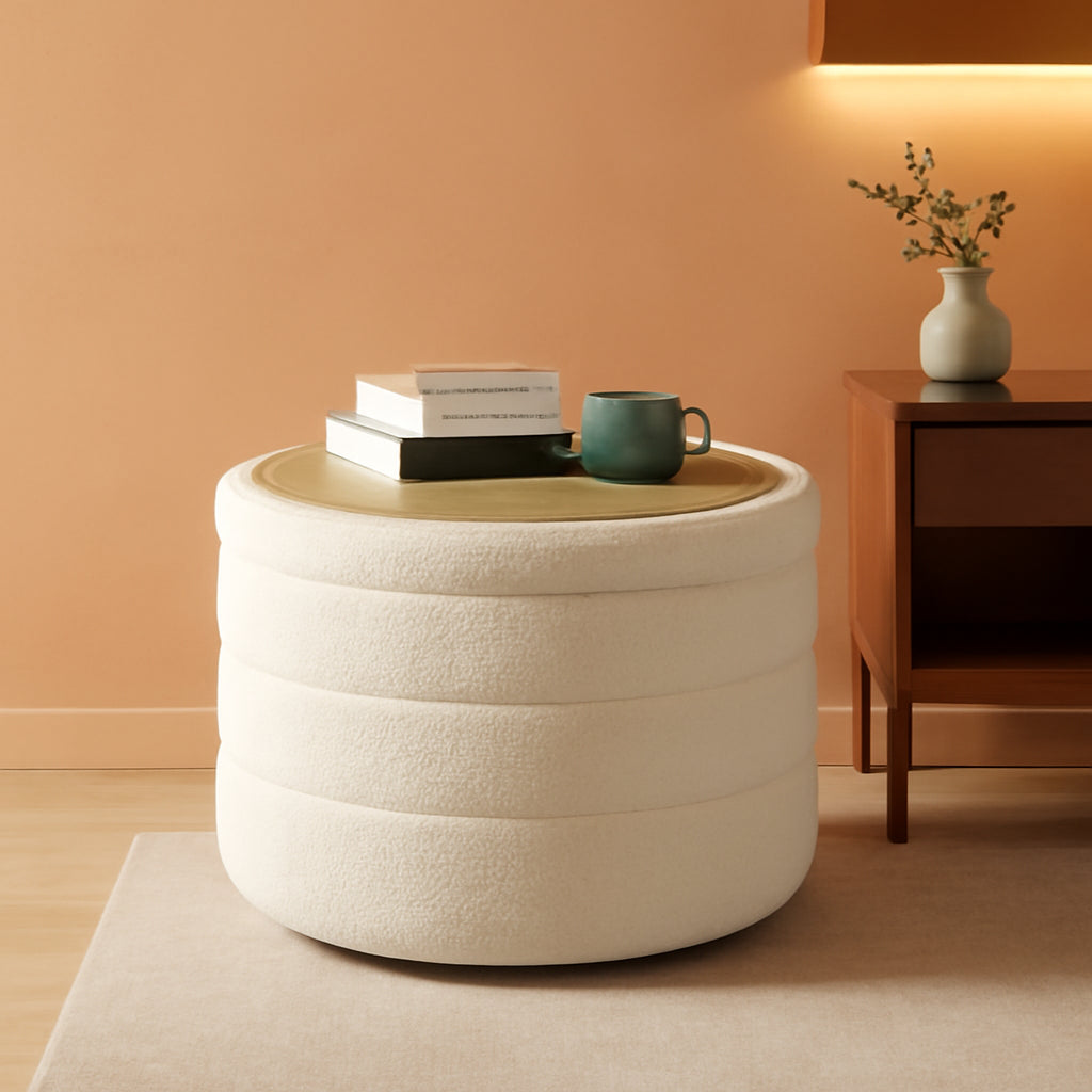 White Round Storage Ottoman Ultra Durable Cozy Elegant