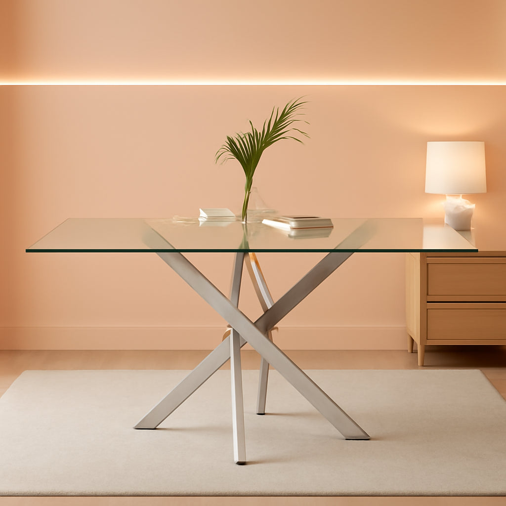 Tempered Glass Dining Table With Chromed Legs 47In White Silver