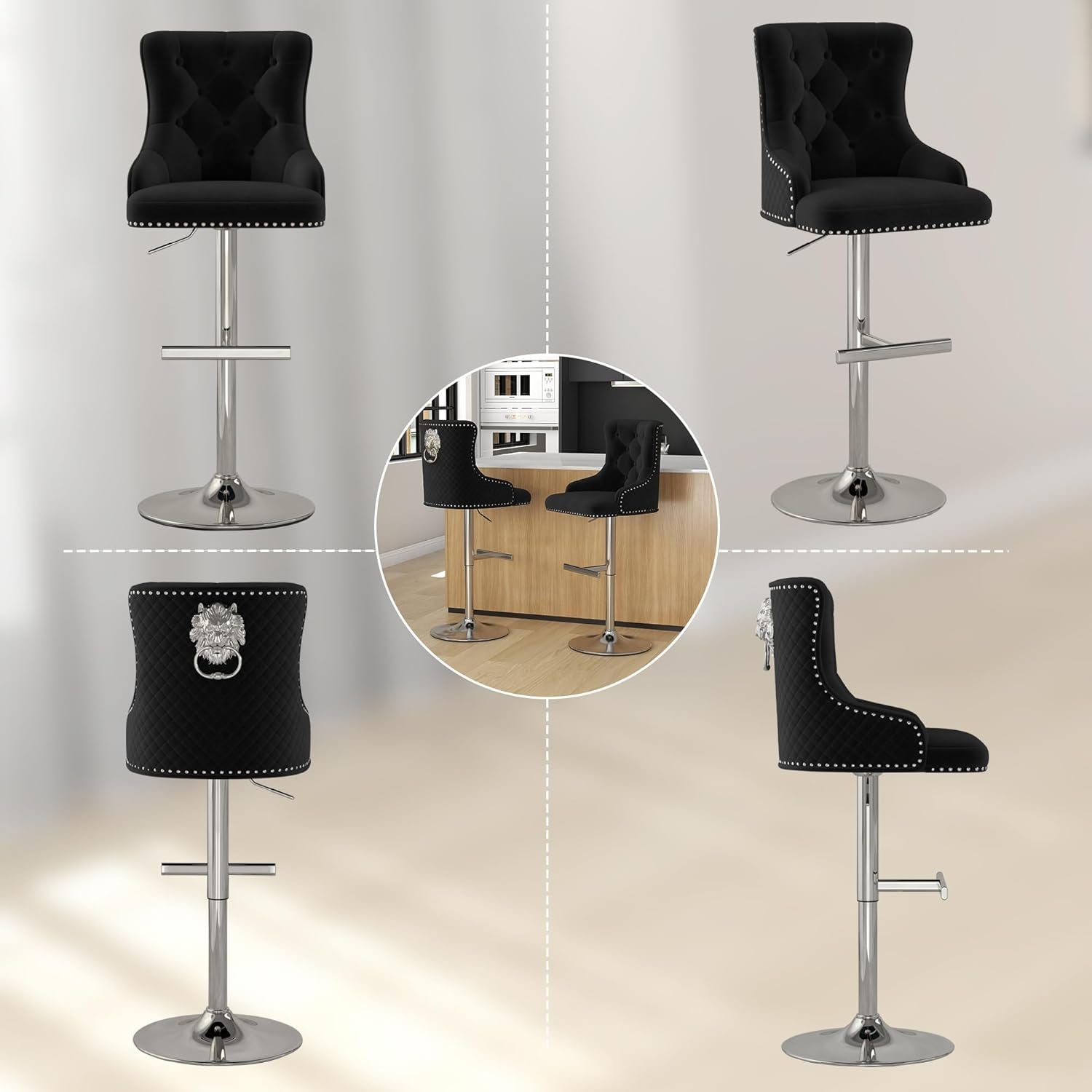 Elegant Velvet Bar Stool Set With Swivel Chrome Base