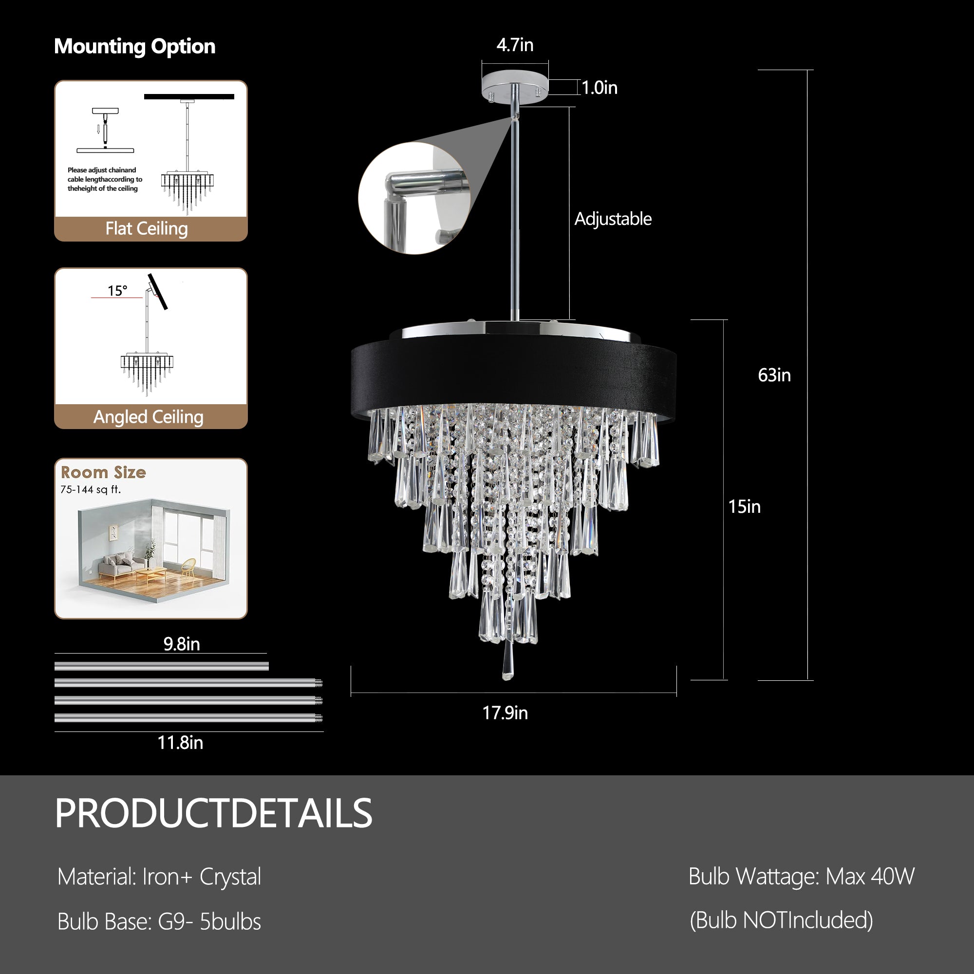 18-inch Modern Crystal Chandelier with Black Velvet Shade