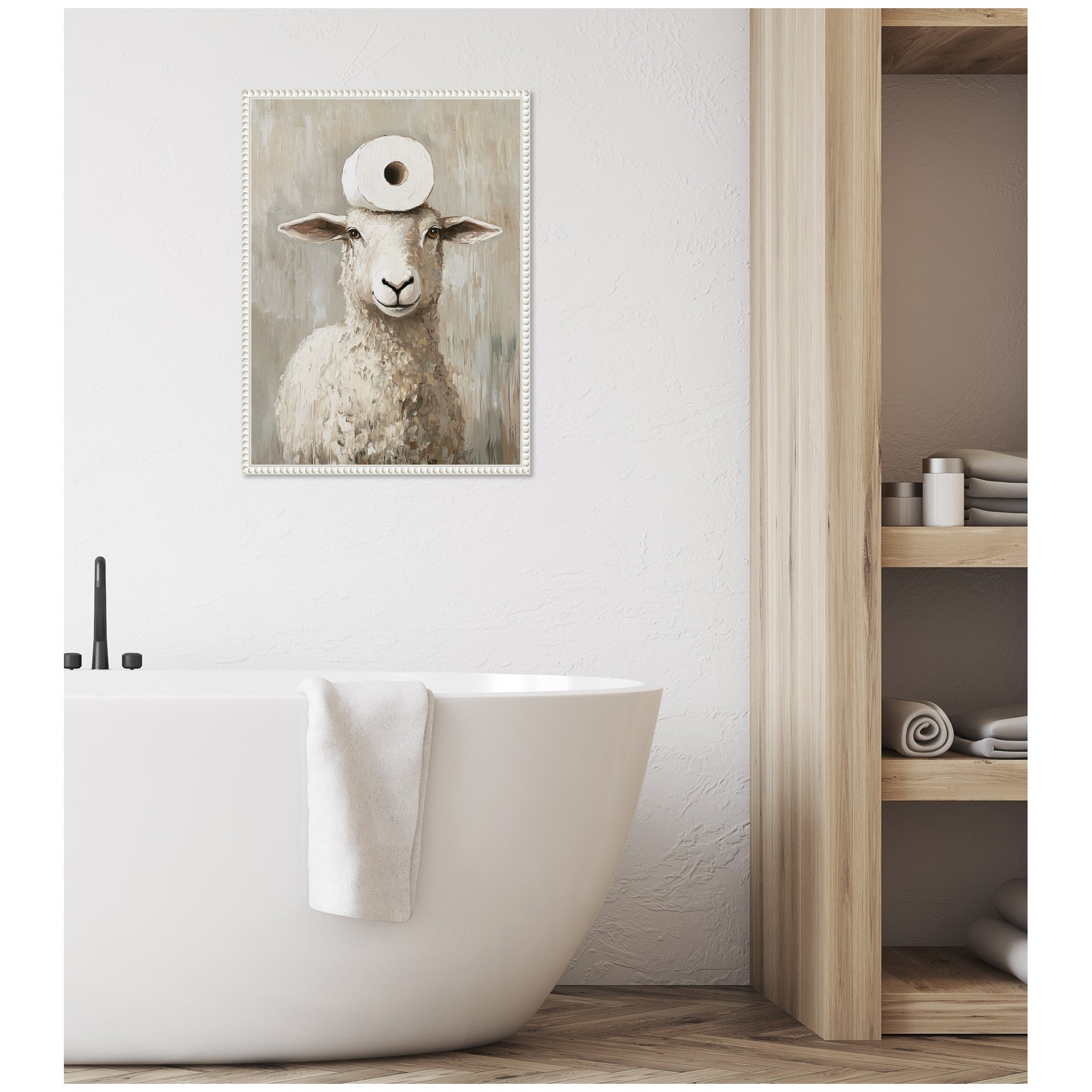Sylvie Toilet Paper Roll on Cute Sheeps Head Bathroom Art Framed Canvas by The Creative Bunch Studio