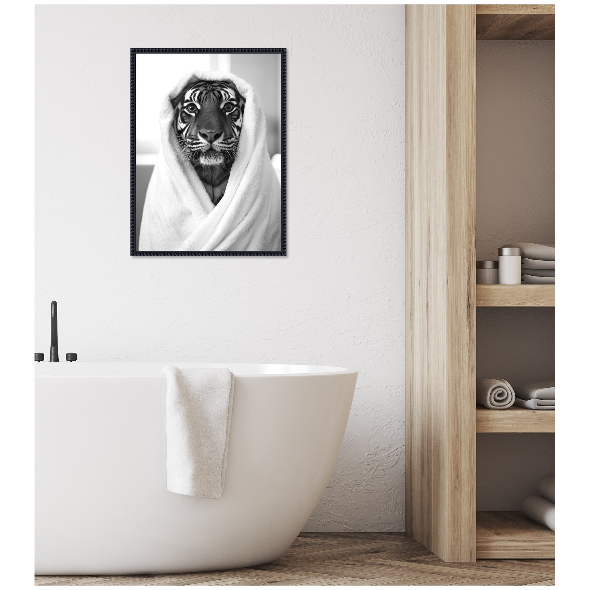 Sylvie Tiger Bathroom Art Towel Robe Black and White Framed Canvas by The Creative Bunch Studio