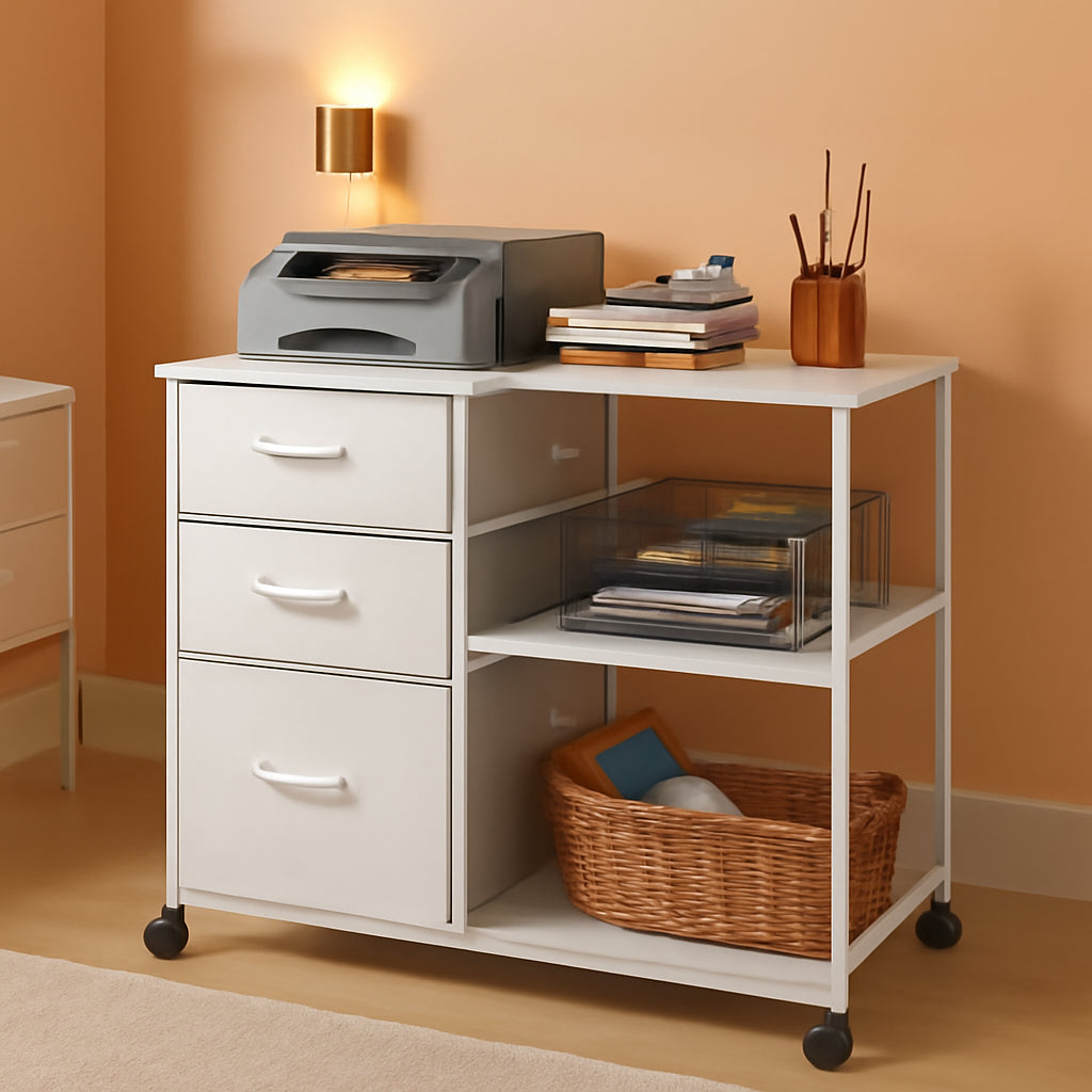 3 Drawer Mobile File Cabinet With Rolling Printer Stand And Open Storage Shelf White