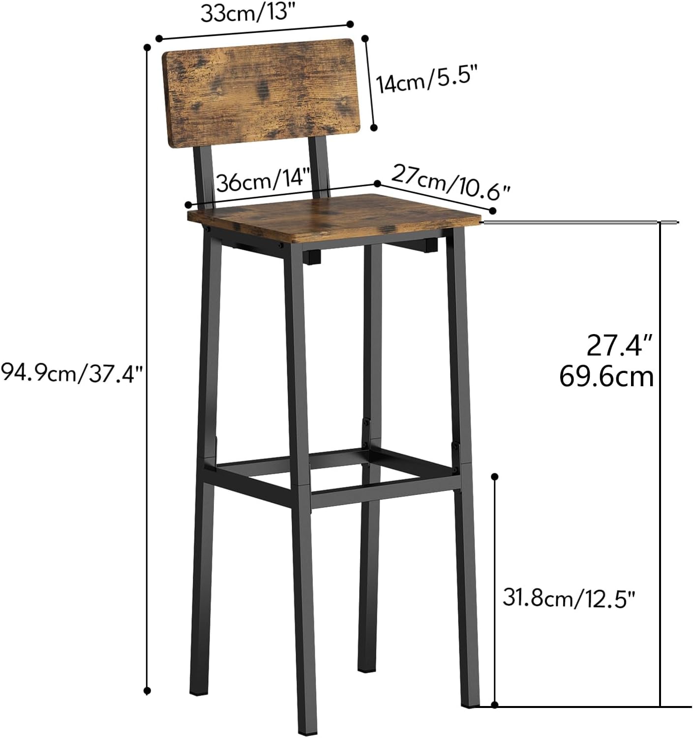 Tall Industrial Rustic Bar Stools Set Of 2 With Backrest