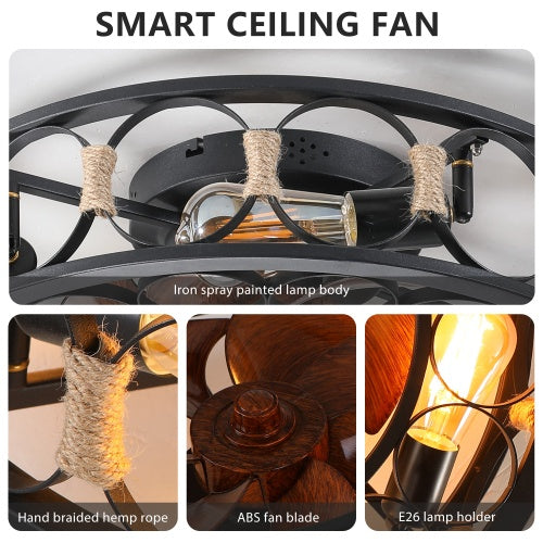 Cage Ceiling Fan With Light Remote Control, Low-profile Built-in Farmhouse Modern Ceiling Fan, 6 Speed Reversible Blades, Including 5 LED Bulbs Unavailable Platforms- Temu