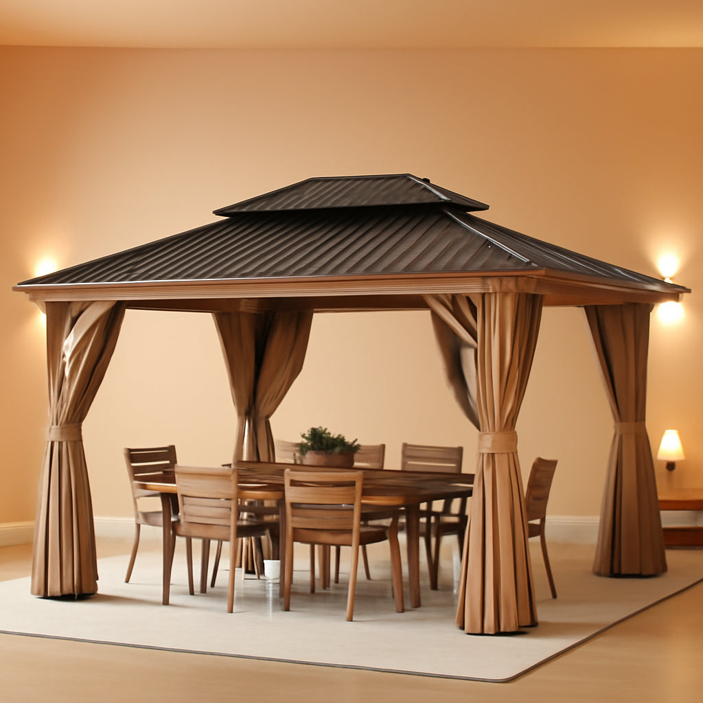 11x13 Wood Gazebo With Durable Outdoor Galvanized Steel Roof Netting And Curtains In Brown