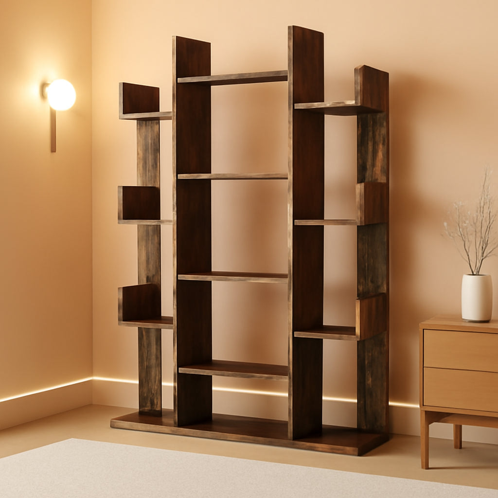 Tree Shaped Bookcase Rustic Brown Tall With 13 Shelves