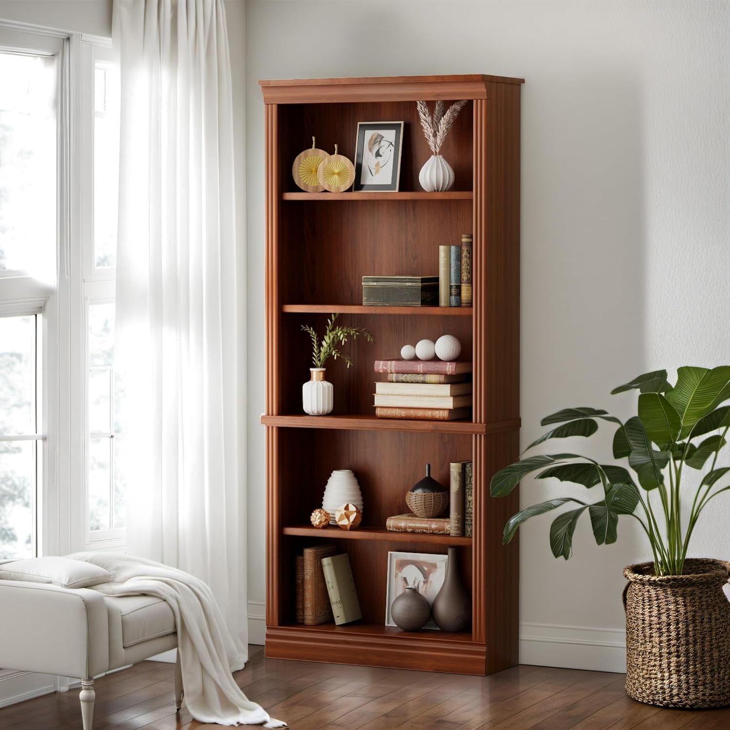 Five Shelf Tall Bookcase 72 Inch Cherry Wood Open Display