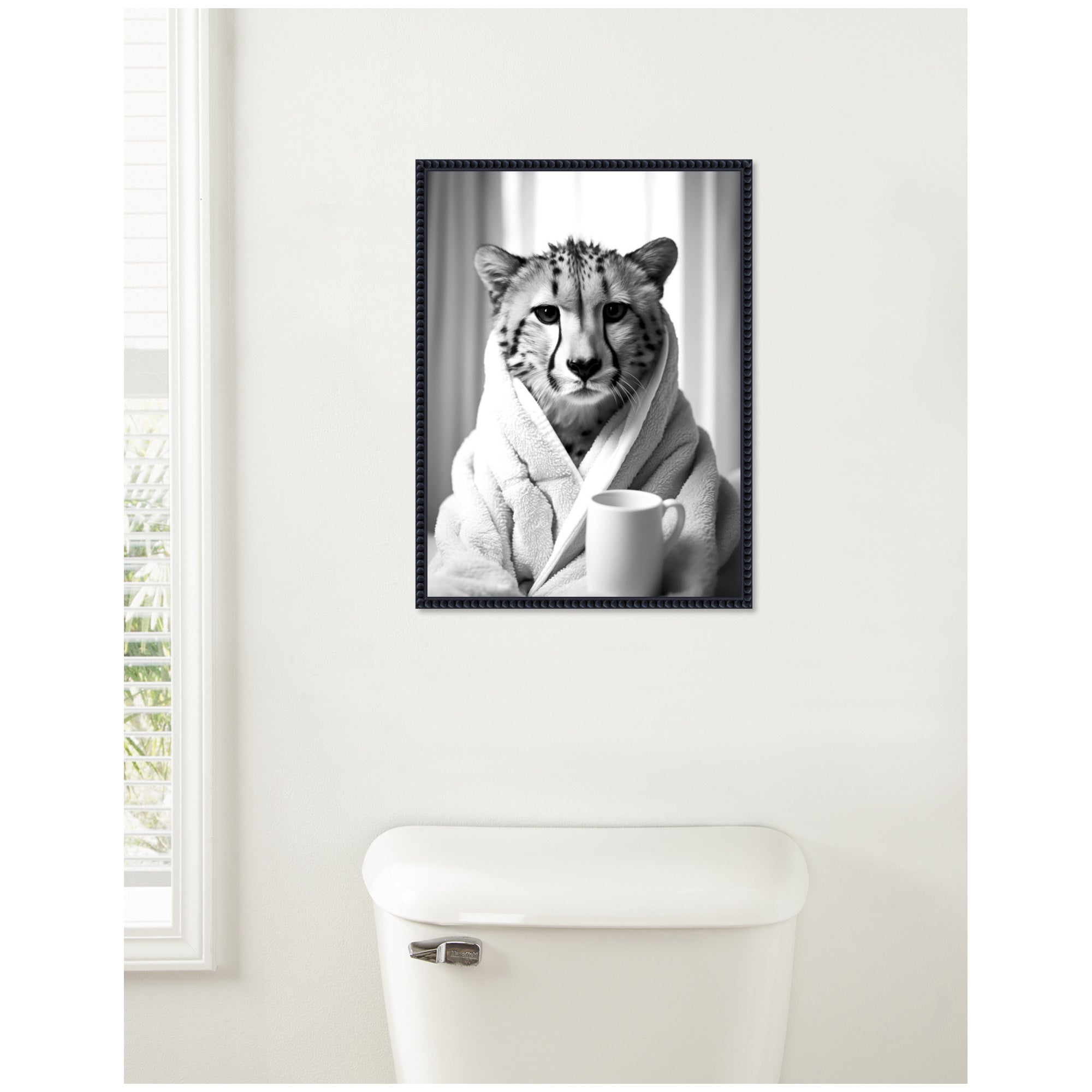 Sylvie Cheetah Bathroom Art Towel Robe Black and White Framed Canvas by The Creative Bunch Studio