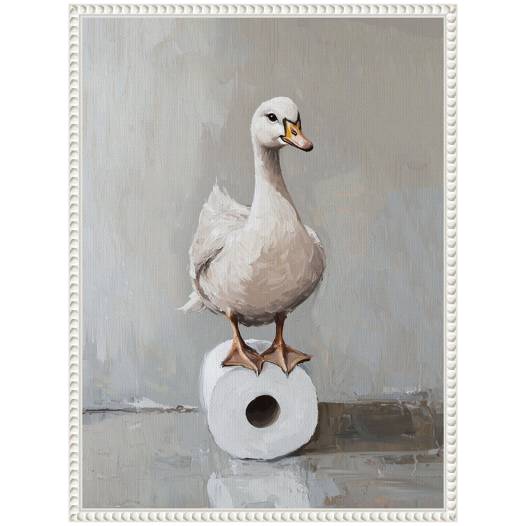 Sylvie Goose Standing on a Toilet Paper Roll Bathroom Art Framed Canvas by The Creative Bunch Studio
