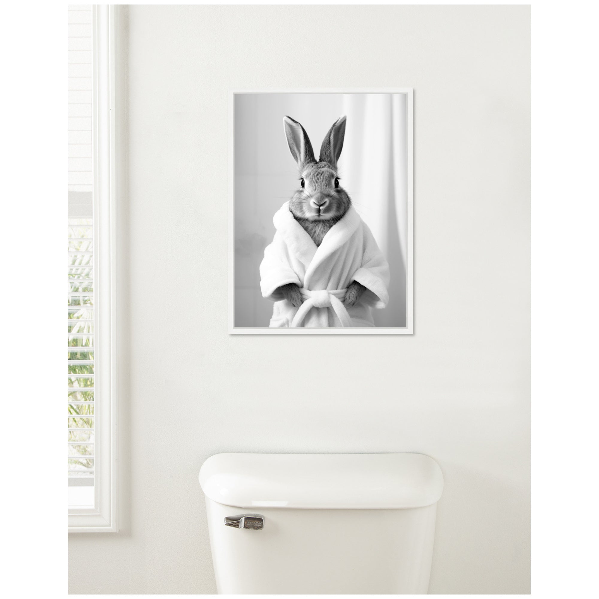 Sylvie Bunny Bathroom Art Towel Robe Black and White Framed Canvas by The Creative Bunch Studio