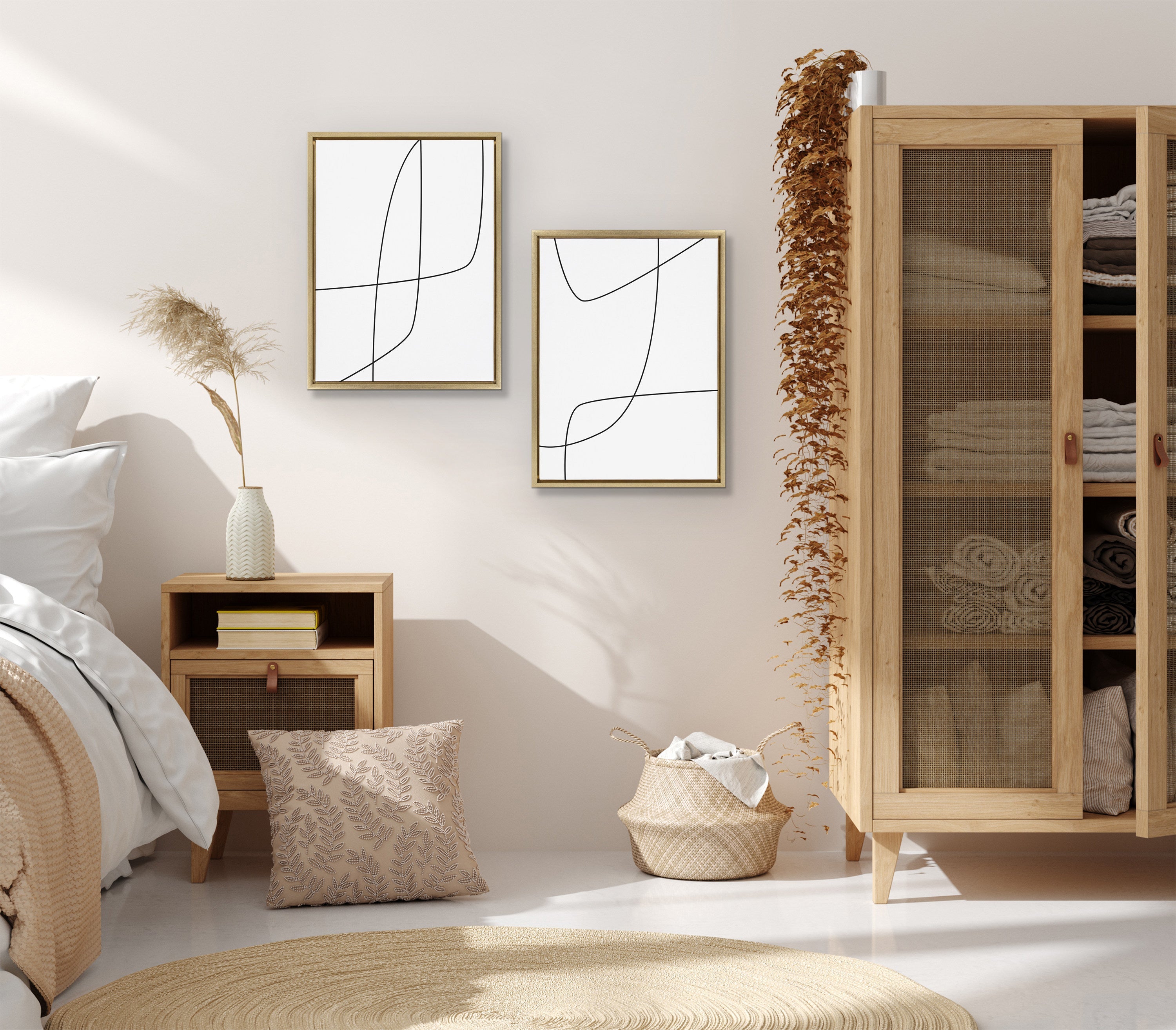 Sylvie Modern Line Abstract 3 and 4 Black and White Framed Canvas by The Creative Bunch Studio