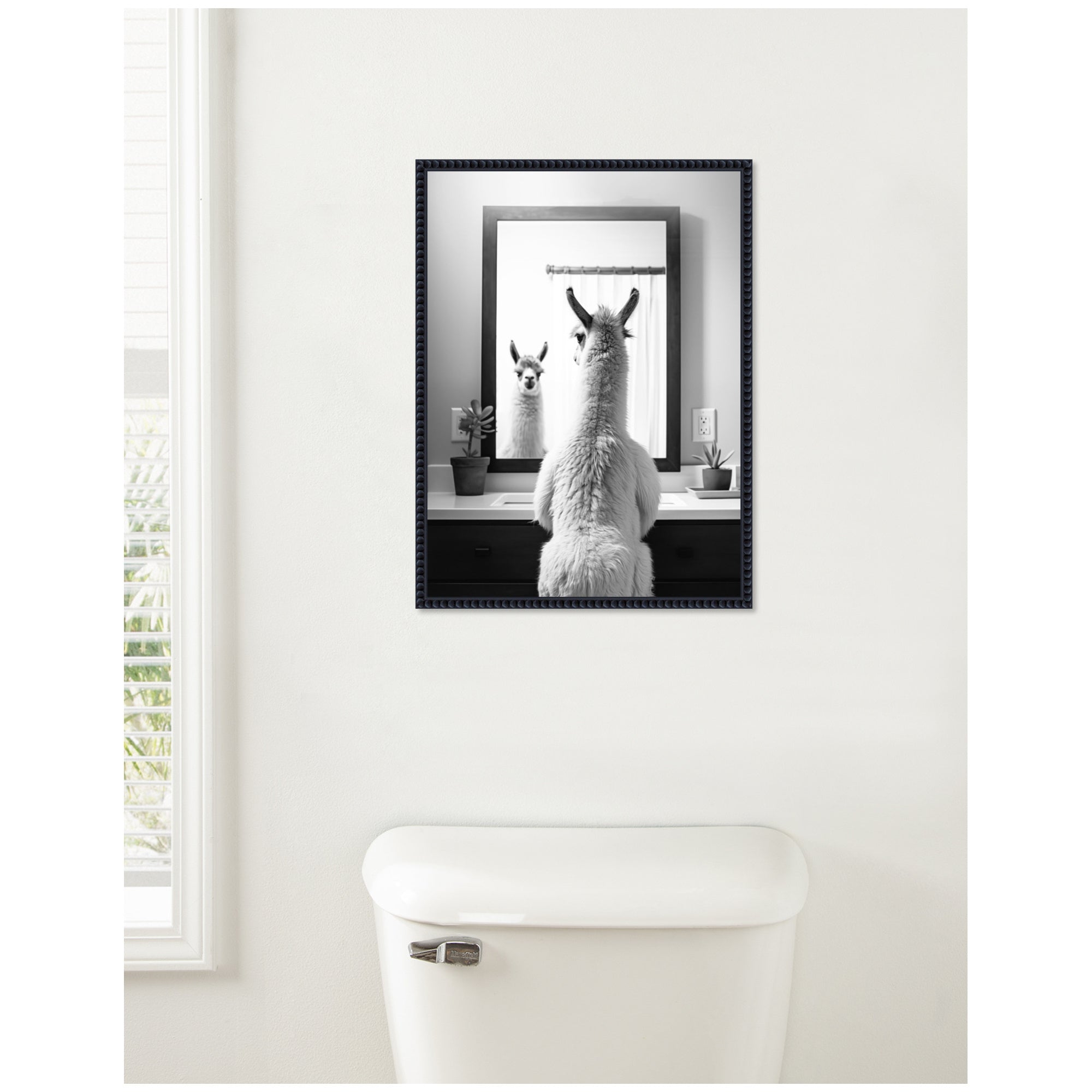 Sylvie Llama Bathroom Art Mirror Black and White Framed Canvas by The Creative Bunch Studio