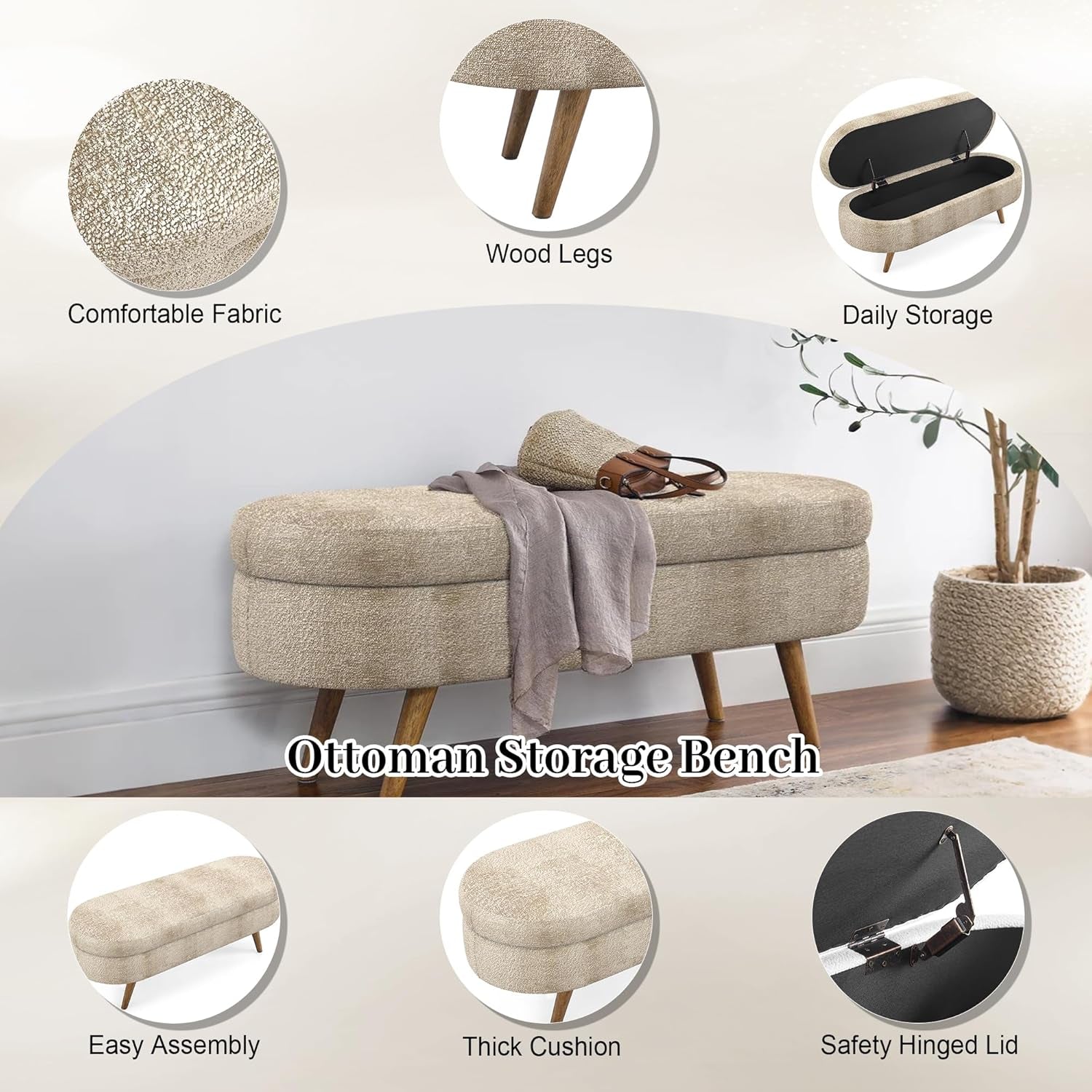 43-Inch Upholstered Storage Ottoman Bench With Hinge
