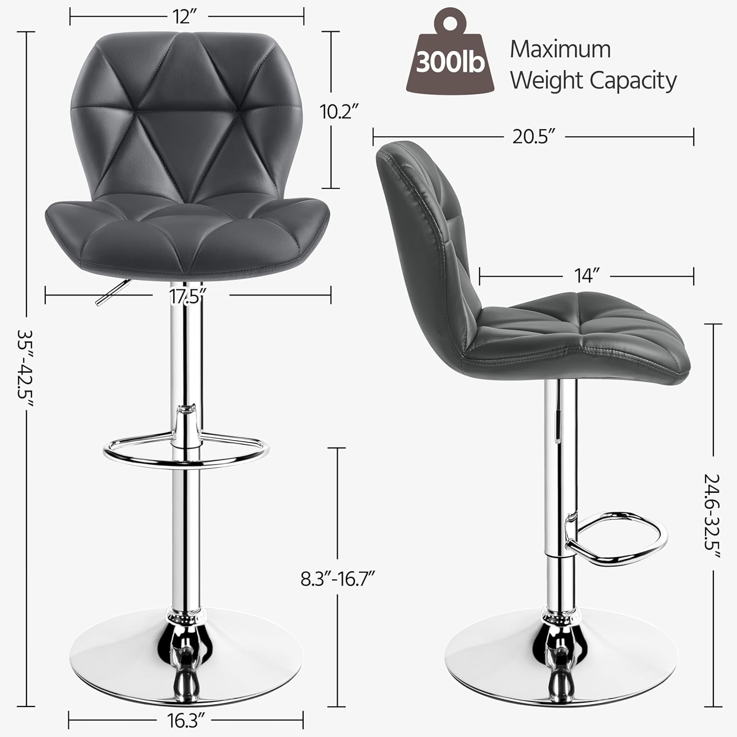 Grey PU Leather Bar Stool Set of 2 Height Adjustable Swivel
