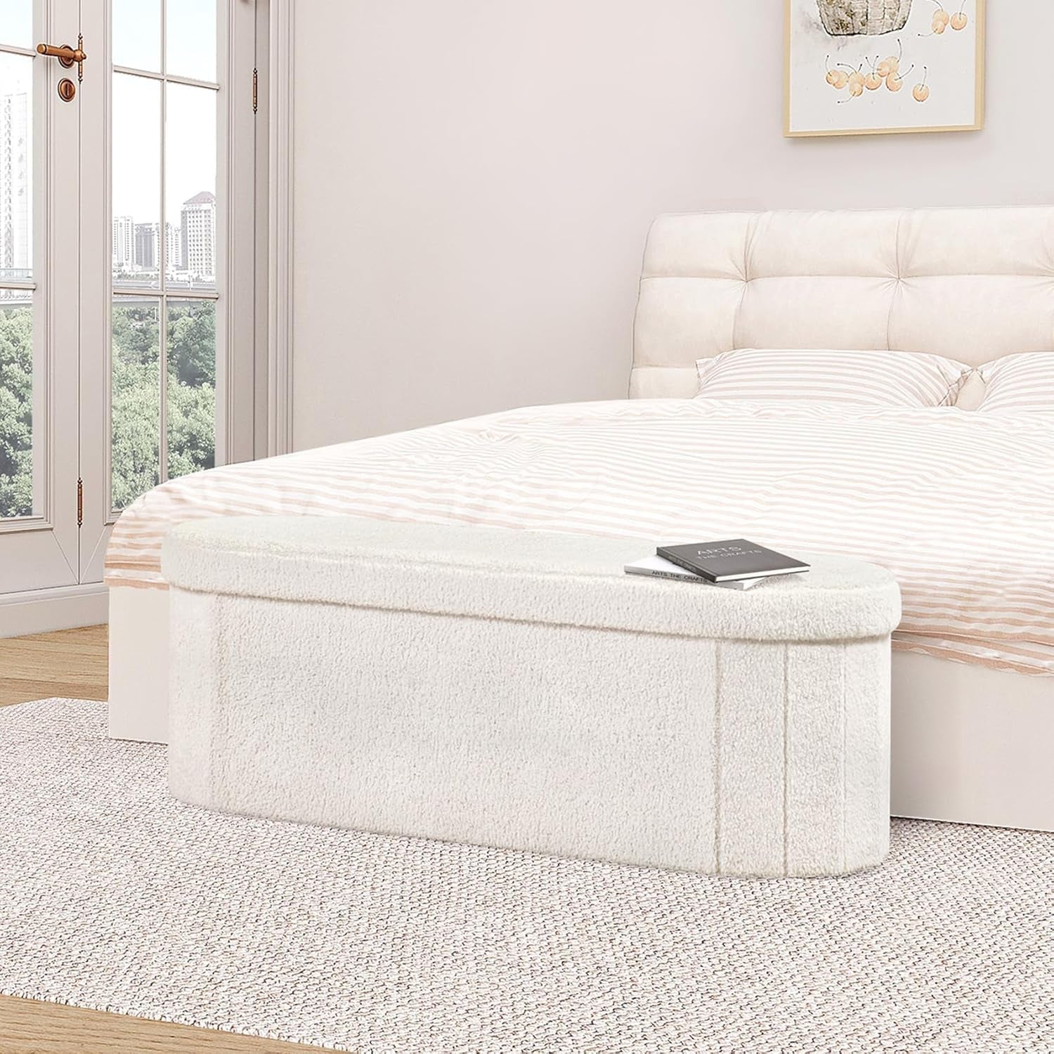 Sherpa Lined Folding Storage Ottoman 43.3 Inch White