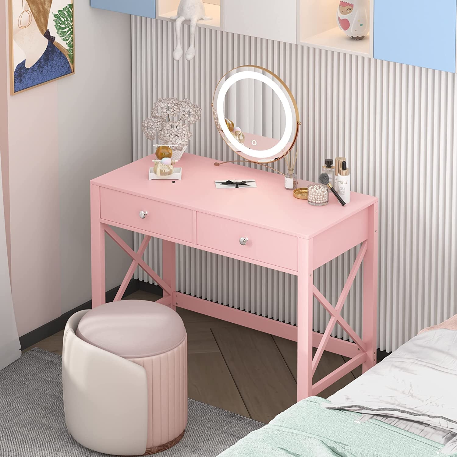 Pink Modern Vanity Desk With Drawers For Home Office
