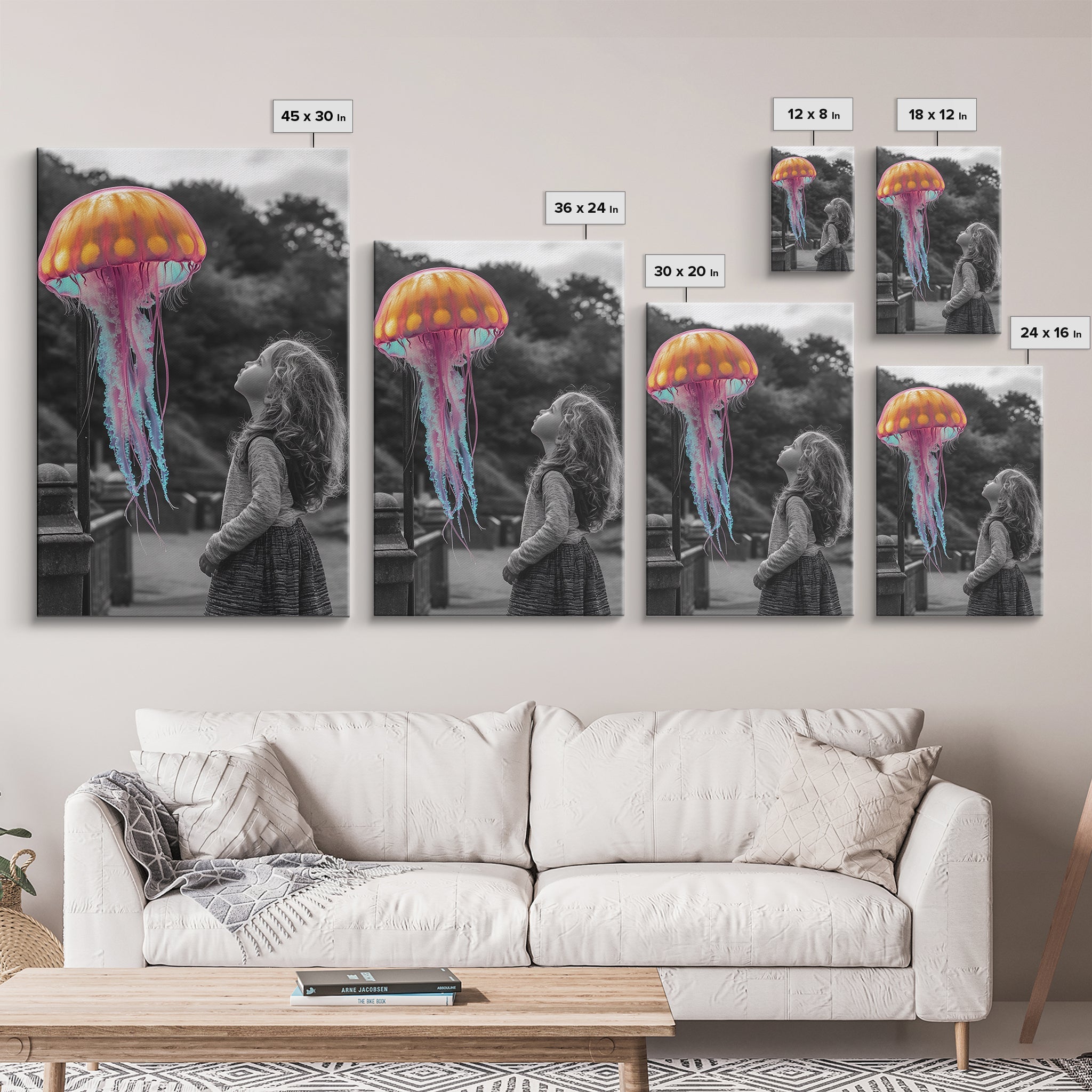 Surreal Jellyfish, Child Wonder, Fantasy Ocean Scene, Framed Canvas Print, Kids Room Wall Art, Vibrant Color Pop Art, Dreamy Decor