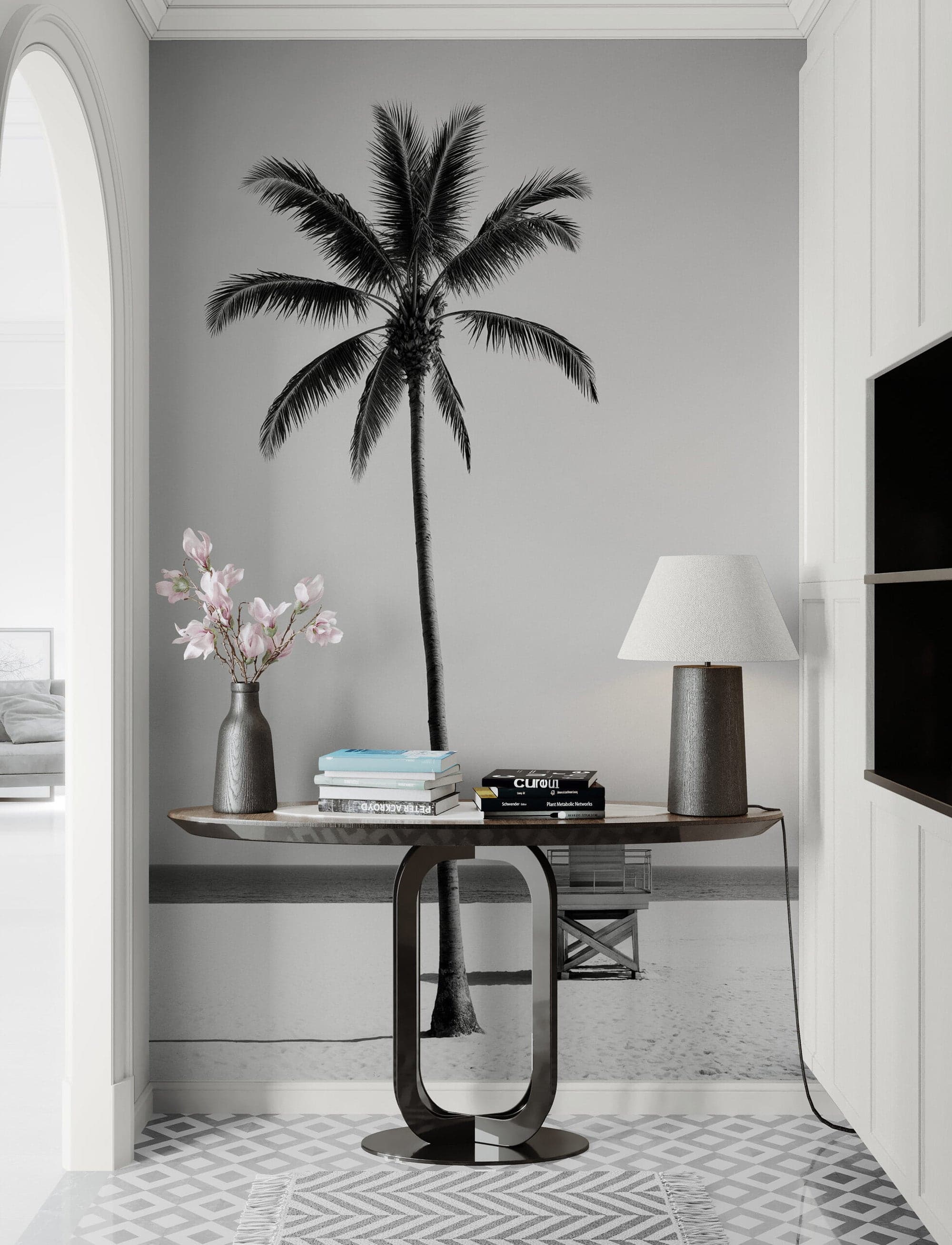 Black & White Tropical Palm Tree Beach Wallpaper Mural. #7015