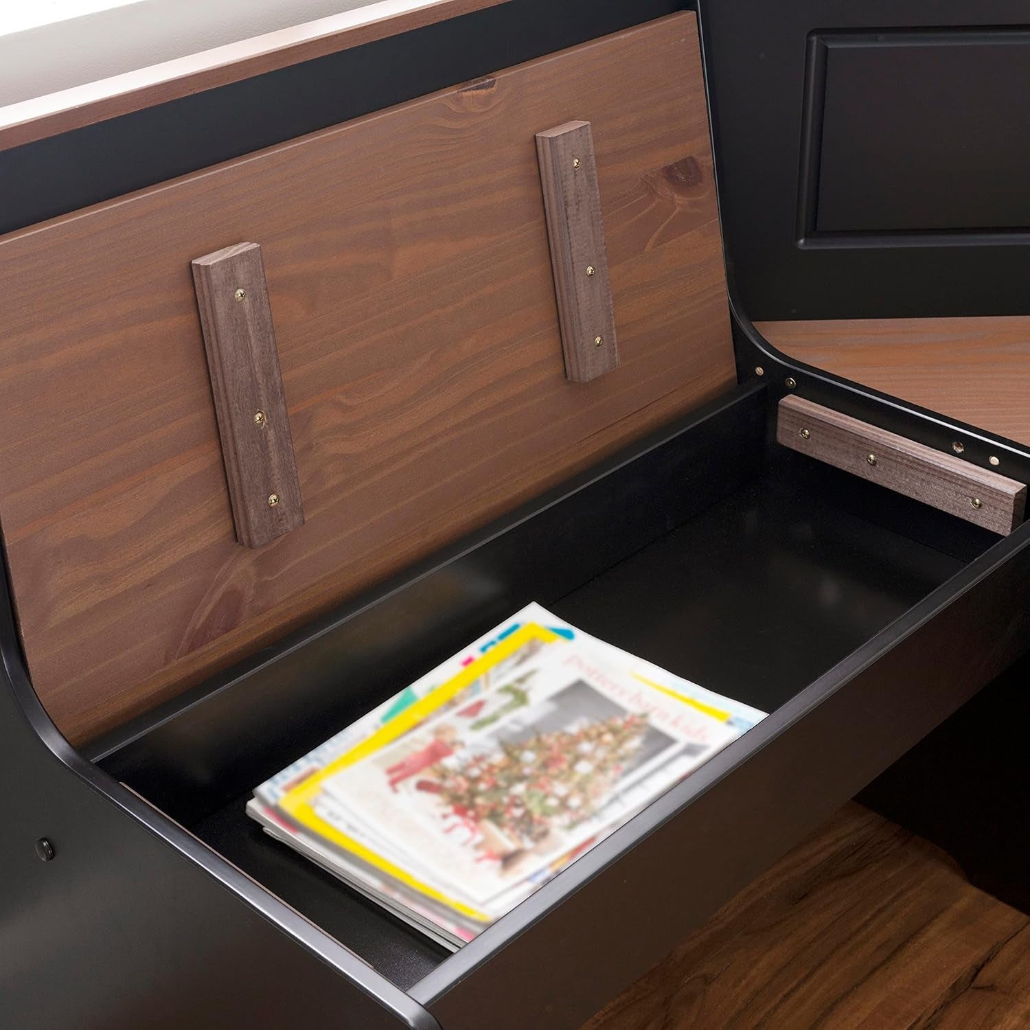 Black Pecan Five Seat Dining Set With Storage Benches