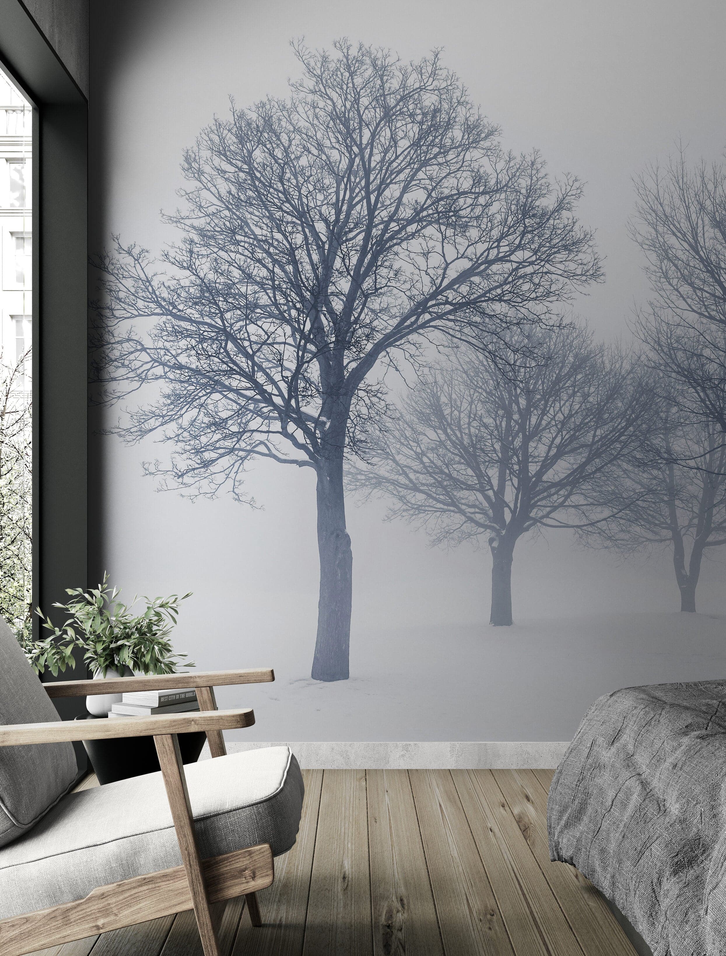 Black and White Snow Covered Trees Winter Landscape Wall Mural. #7042