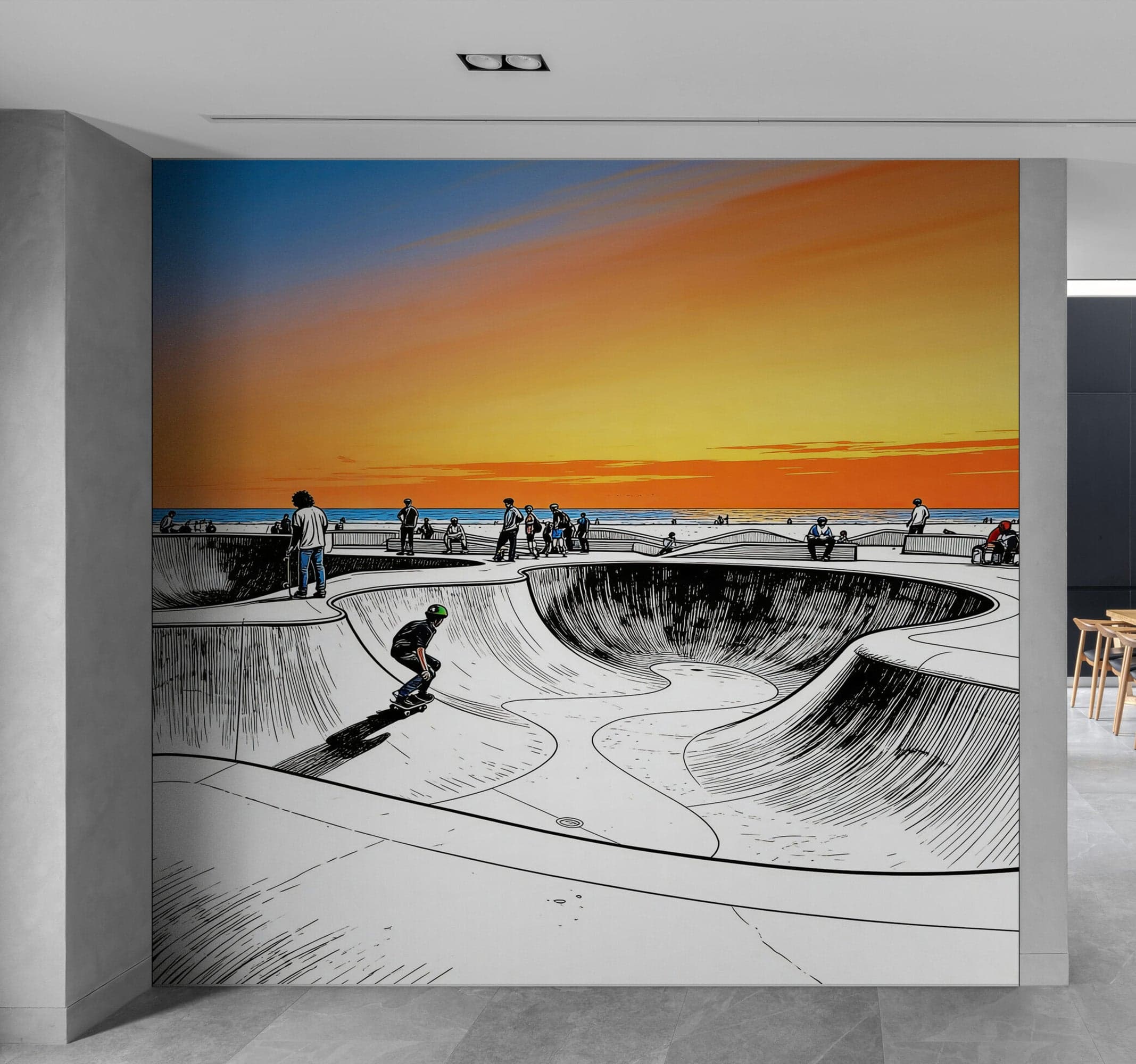 Vibrant Illustration of Skate Park Sunset Wall Mural. #7067
