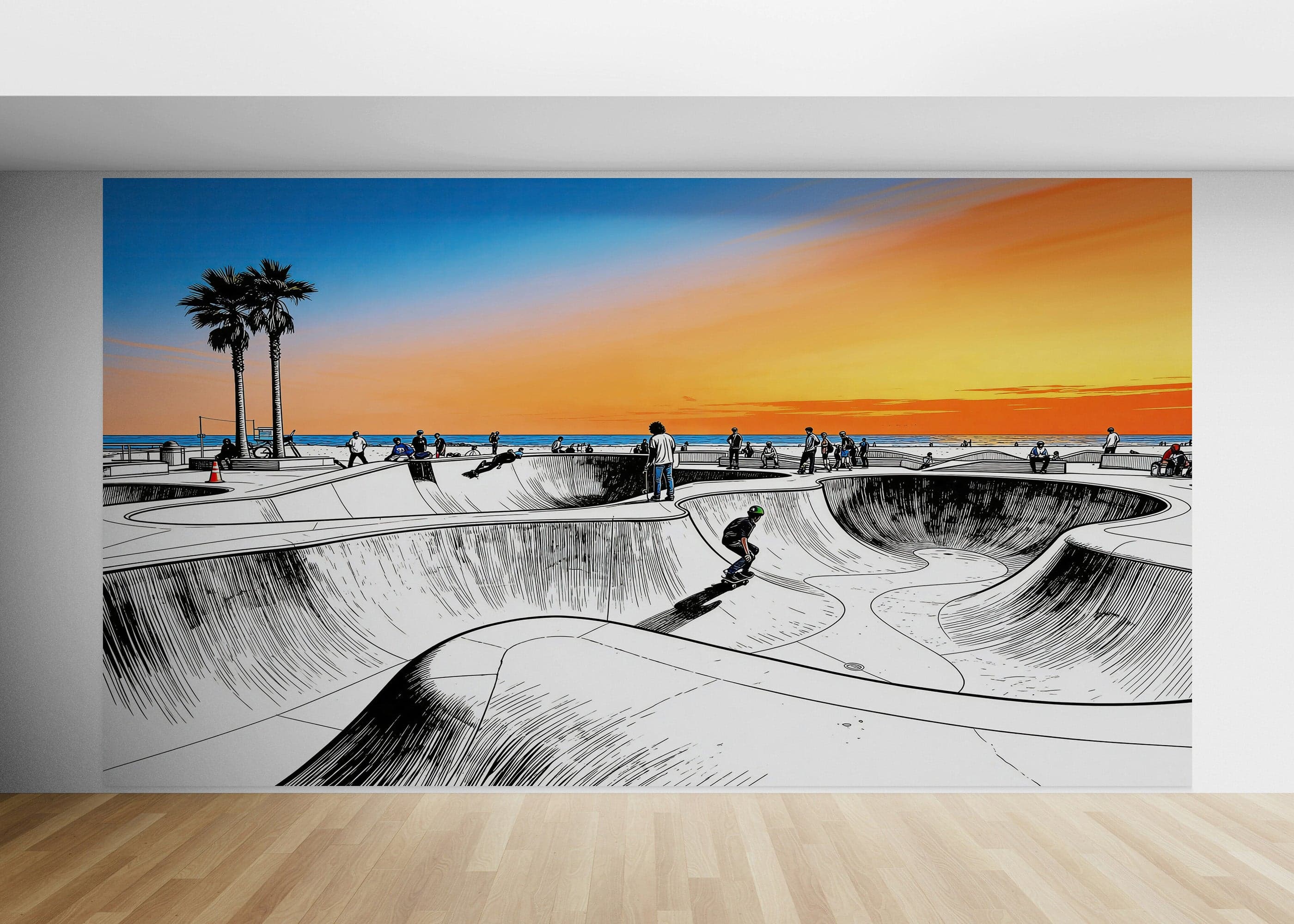 Vibrant Illustration of Skate Park Sunset Wall Mural. #7067