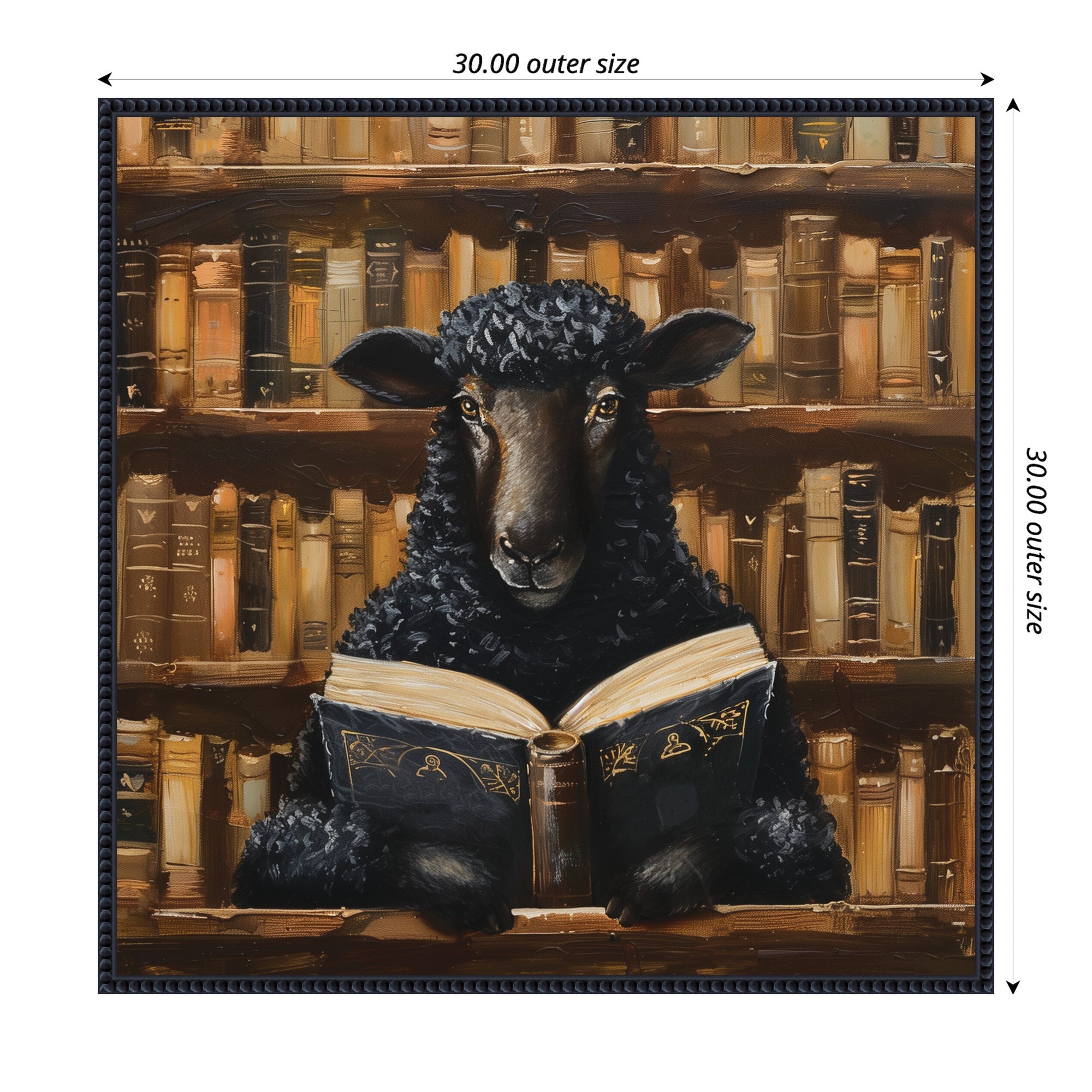 Sylvie Traditional Black Sheep Reading in Vintage Library Framed Canvas by The Creative Bunch Studio