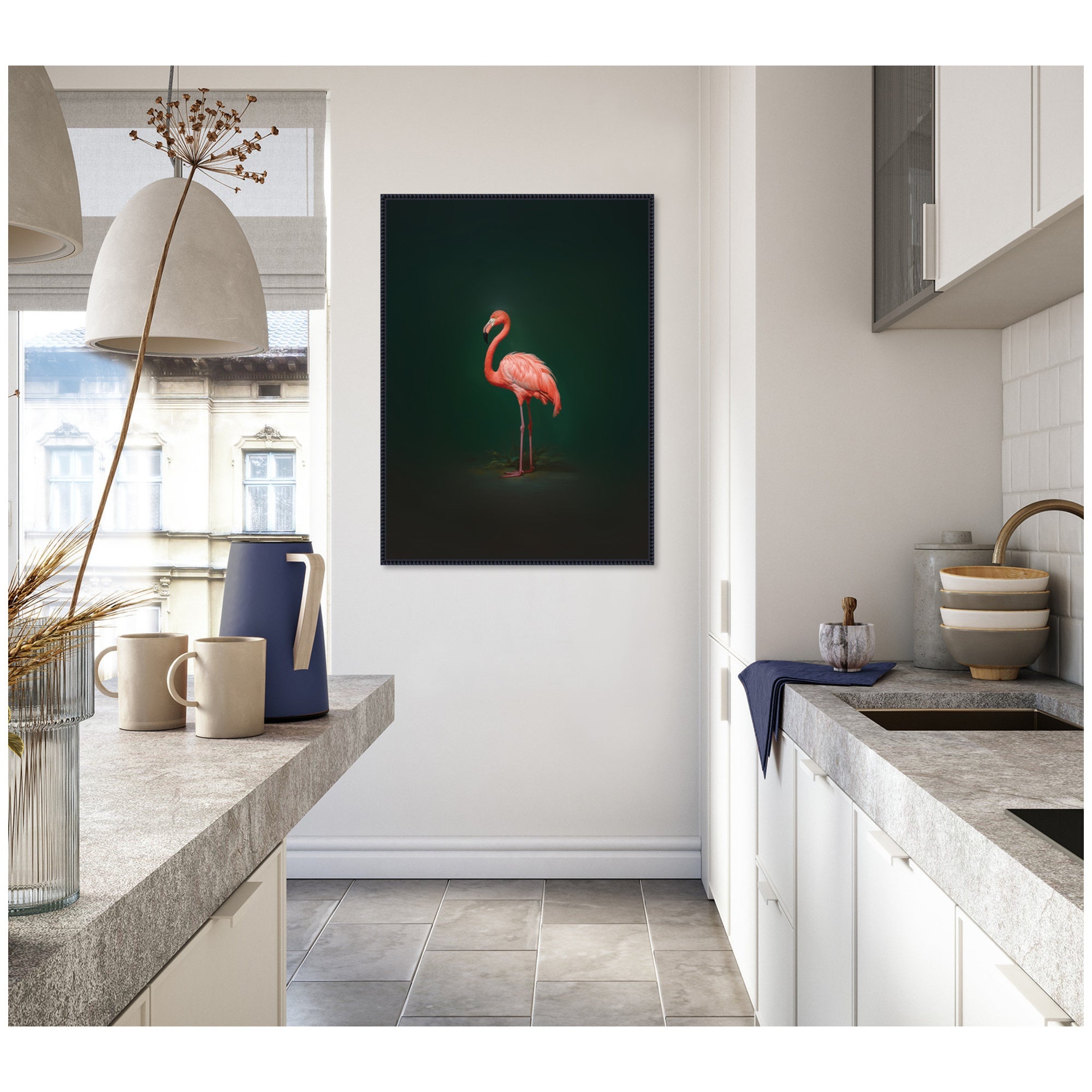 Flamingo Side View Rich Green Backdrop by The Creative Bunch Studio Framed Canvas Wall Art Print