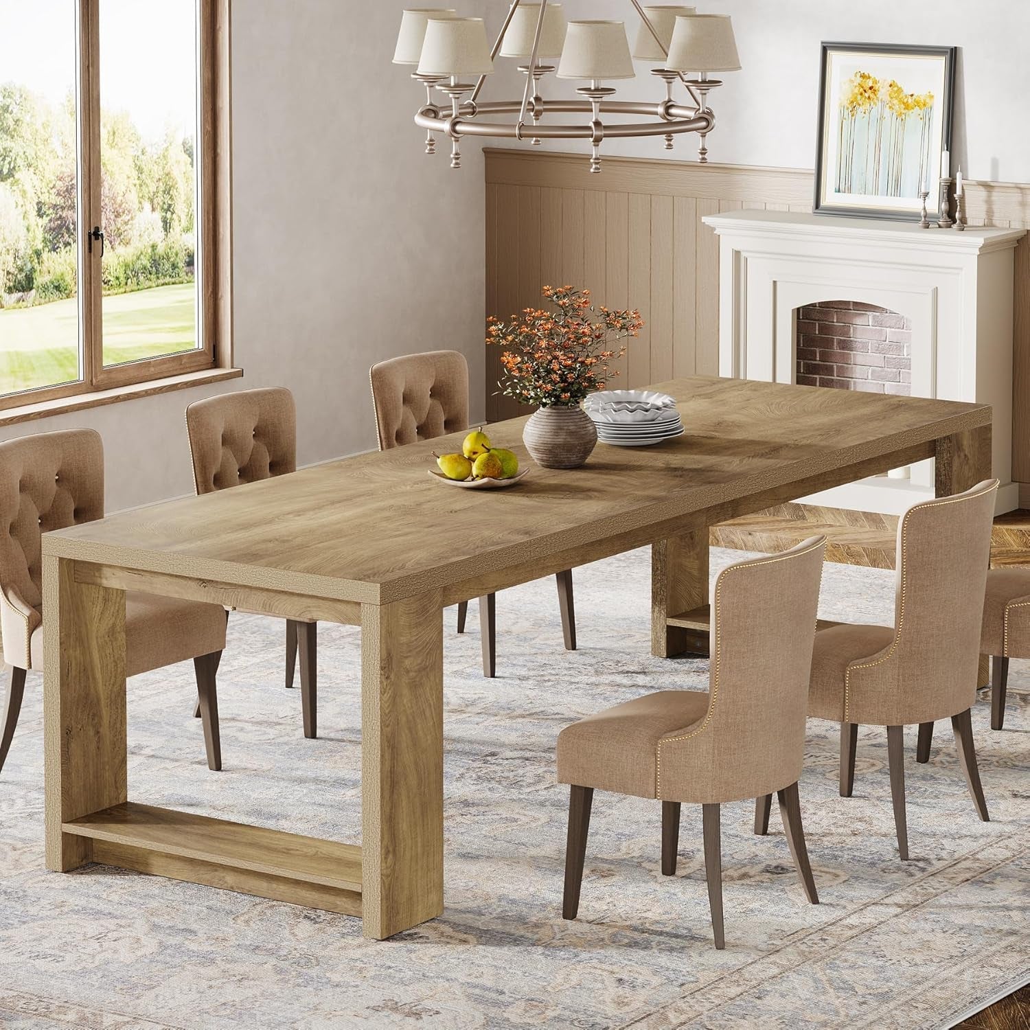 Oak 86 Inch Long Narrow Dining Table With Pedestal Base