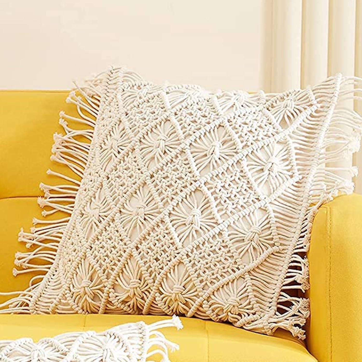 Bohemian Macrame Cushion Cover | 45x45cm | Cream Cotton | Geometric Pattern | Fringed Edges - PRHOMZ