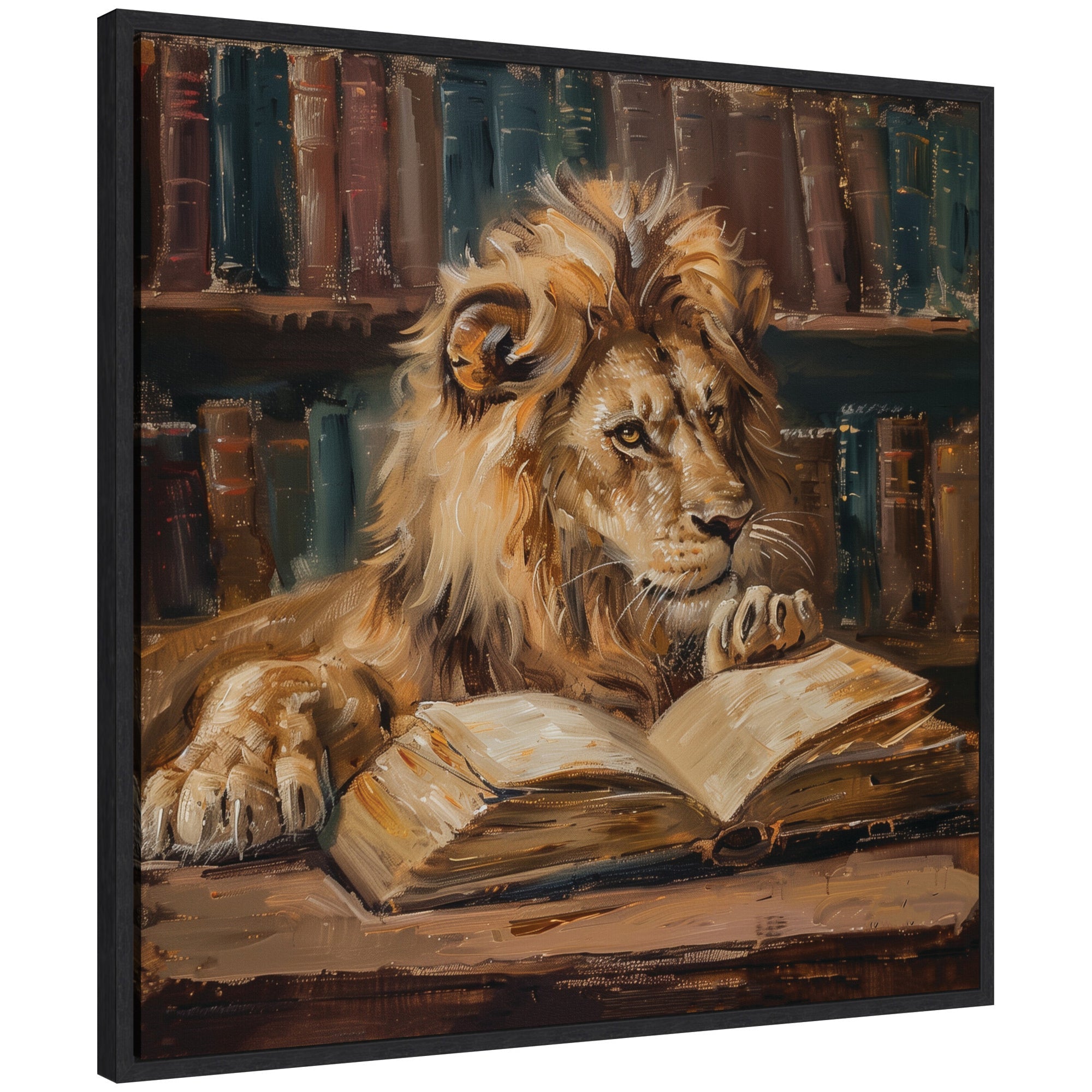 Sylvie Traditional Lion Reading in Library Framed Canvas by The Creative Bunch Studio
