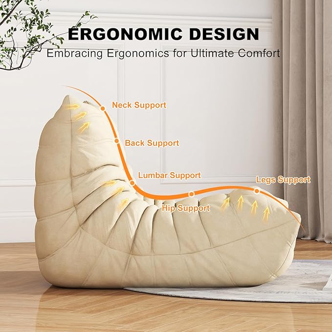 Bean Bag Chair for Adults, Lazy Floor Sofa Couch - Adult Size with Soft Waterproof Fabric for Living Room, Apartments, Reading Corner, Gaming, and Movie Venue (White)