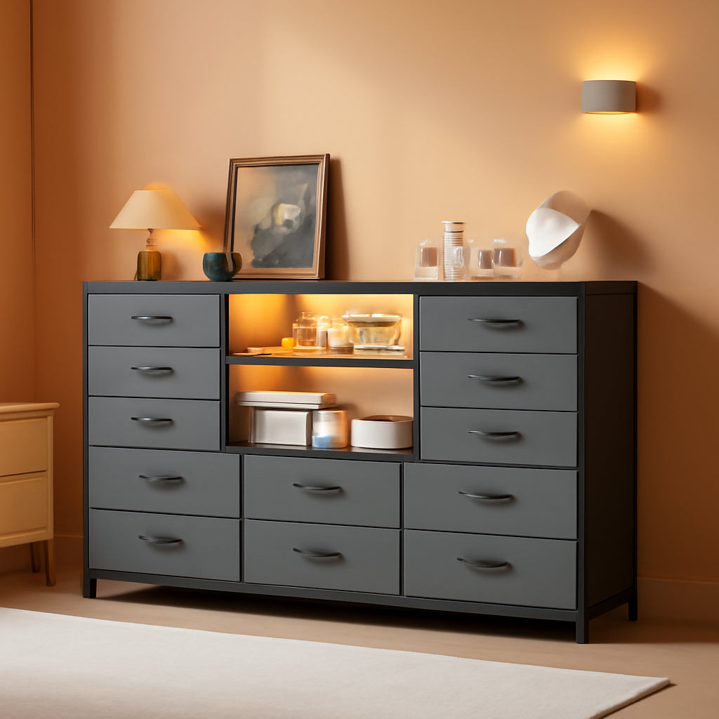 12 Drawer Long Dresser With LED Lights And Built In Power Outlet For Bedroom Storage