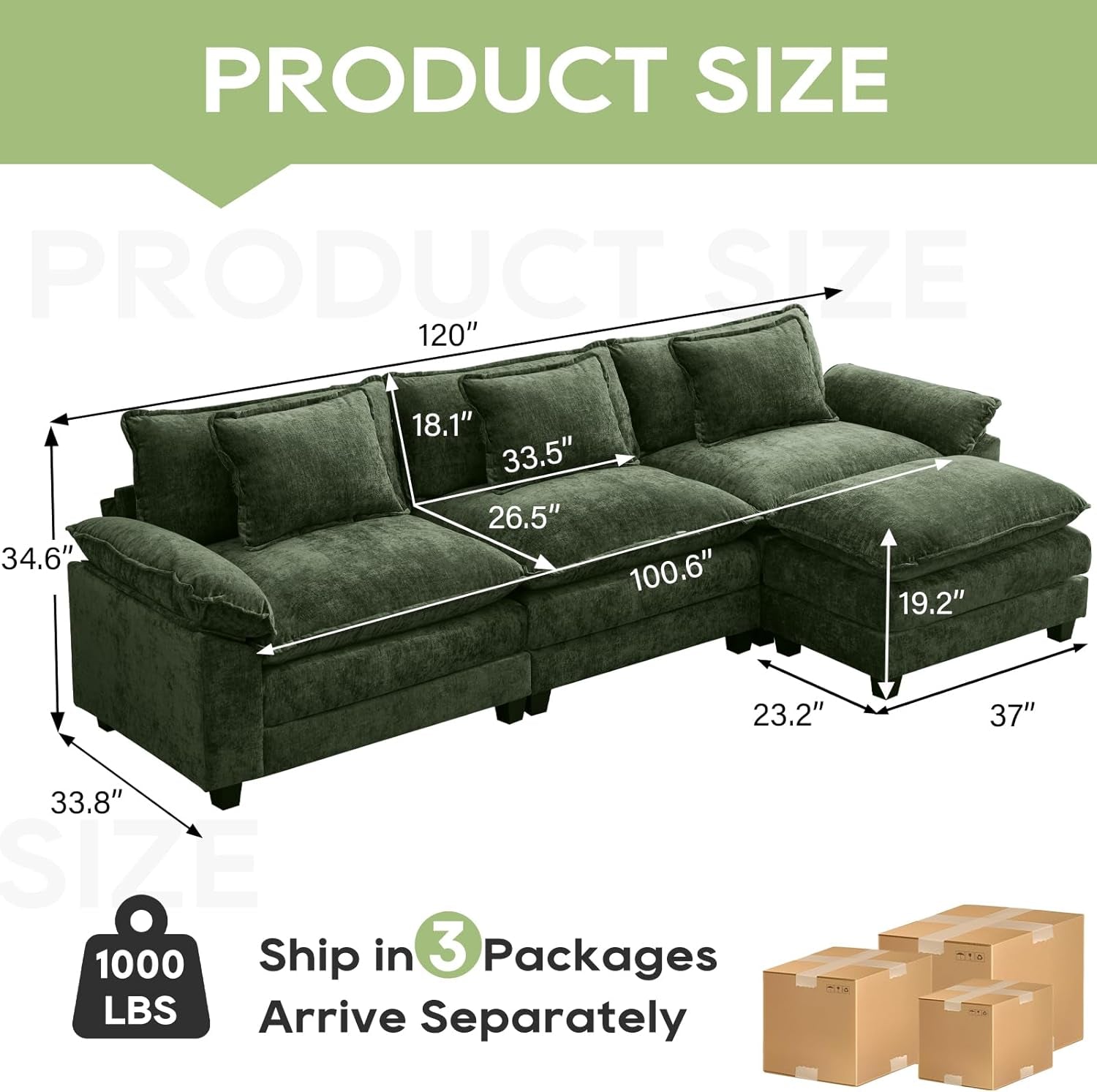 120Inch Green Modular Sectional Sofa Featuring Ottoman