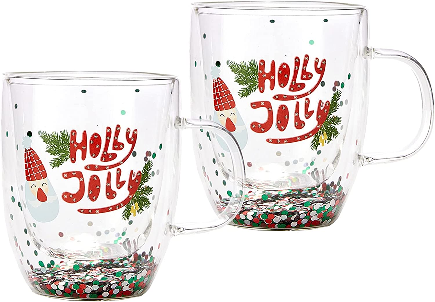 Set of 2 Holly Jolly Christmas Design Tumbler Mugs - Confetti Filled 9.5 oz Decorated Christmas Glass - Perfect for Wine, Eggnog, Cocoa, Holiday Parties & Festivities - 4.25" High, 9.5 oz Capacity-2