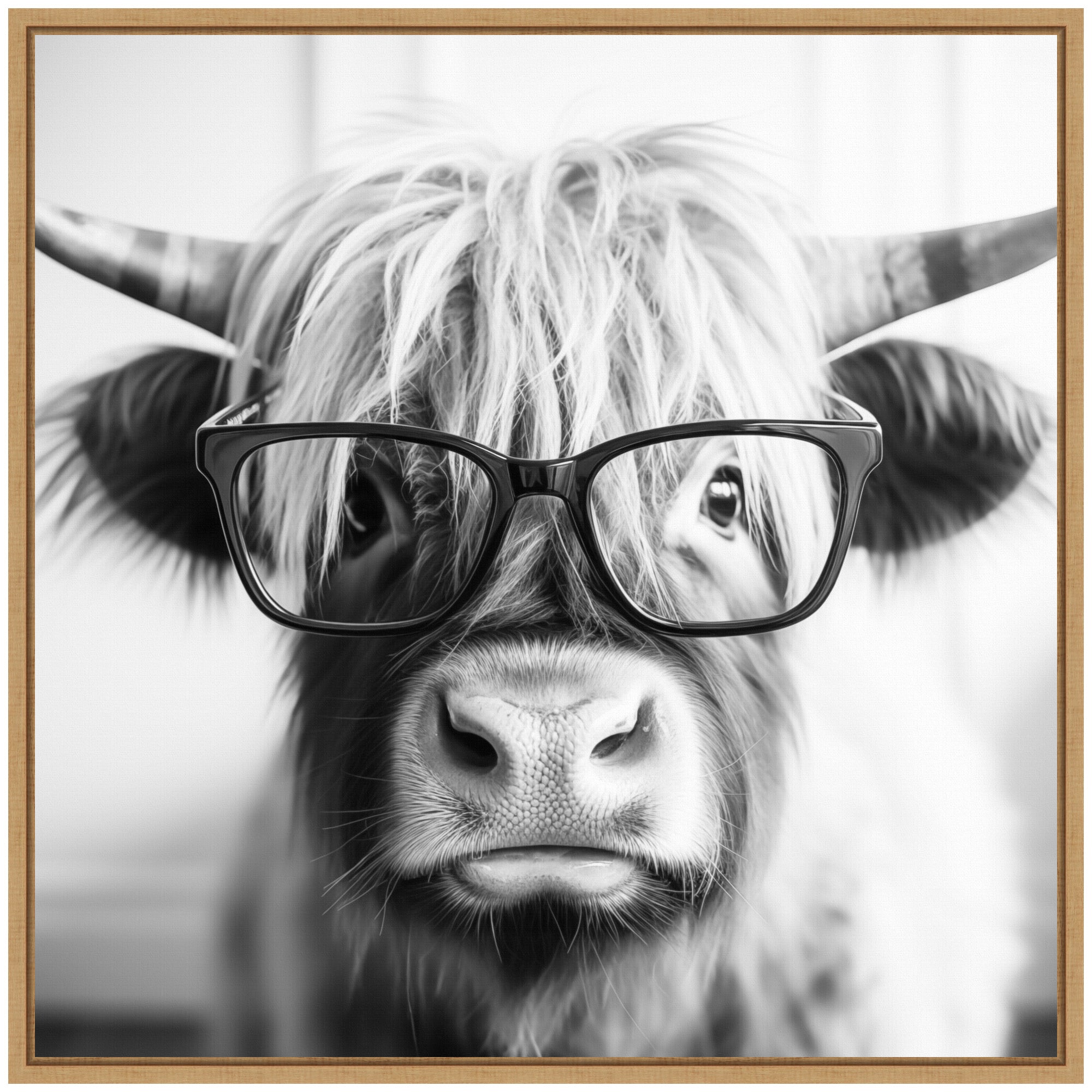 Sylvie Black and White Highland Cow in Reading Glasses Framed Canvas by The Creative Bunch Studio