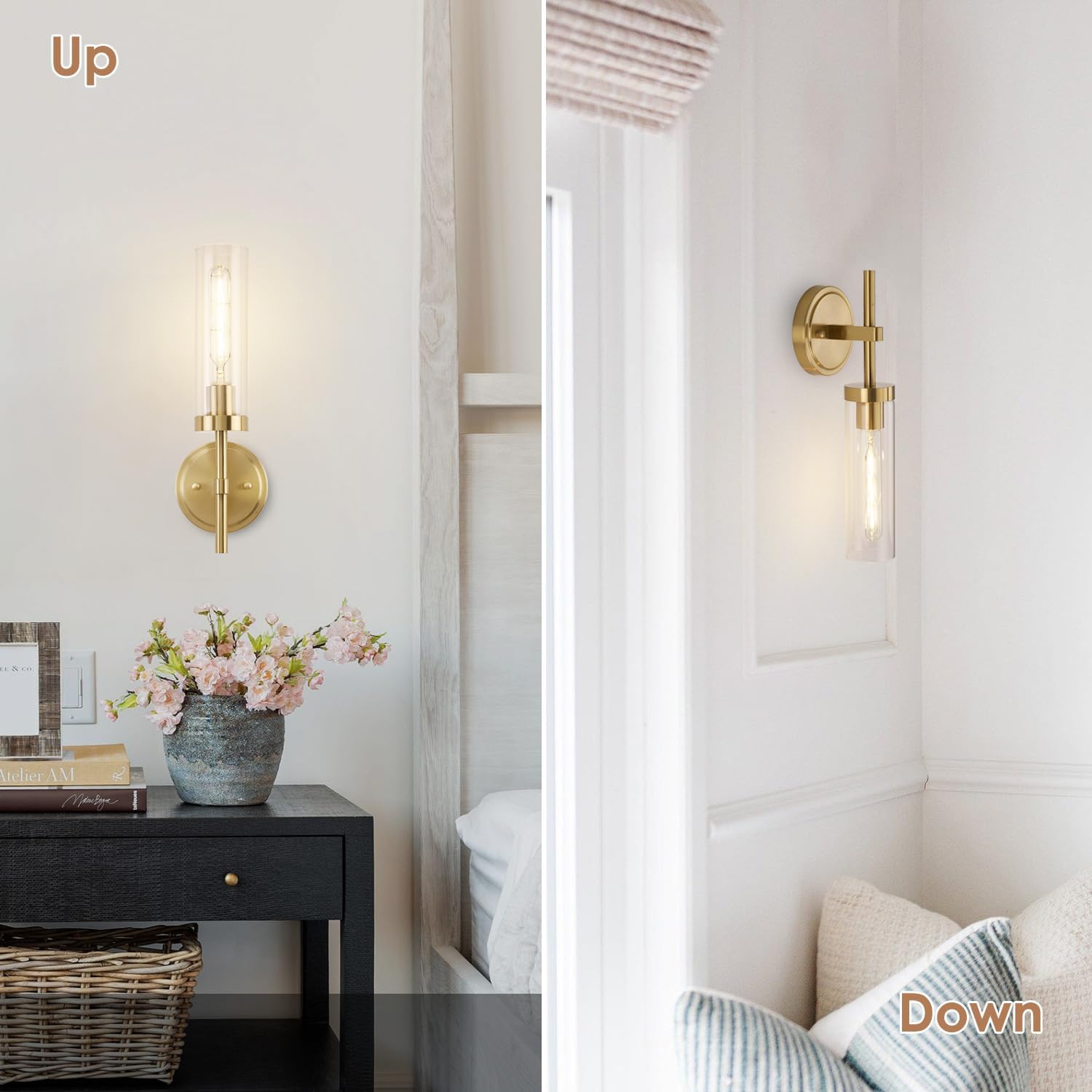 Gold Hardwired Wall Sconces Set of 2, Modern Bathroom Vanity Sconces Wall Lighting