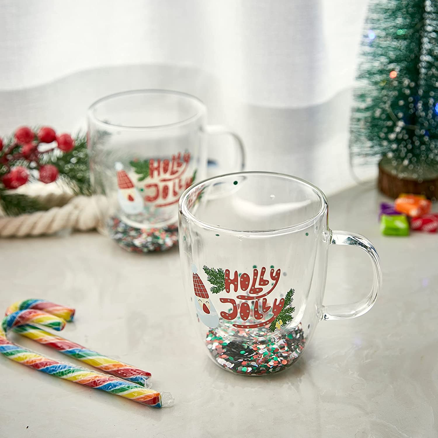 Set of 2 Holly Jolly Christmas Design Tumbler Mugs - Confetti Filled 9.5 oz Decorated Christmas Glass - Perfect for Wine, Eggnog, Cocoa, Holiday Parties & Festivities - 4.25" High, 9.5 oz Capacity-1